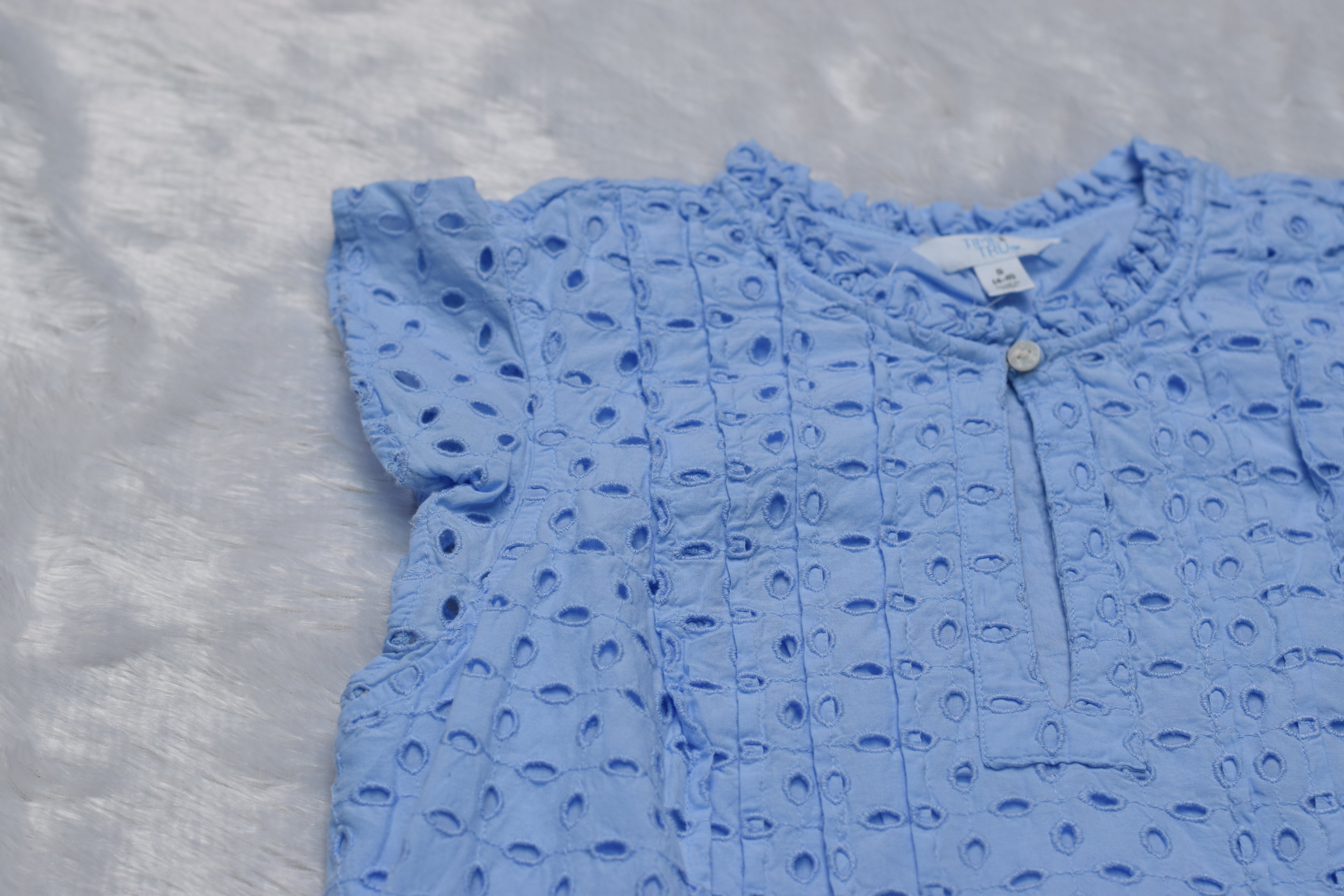 Sky Blue Cotton Eyelet Kids Frock with Ruffle Sleeves