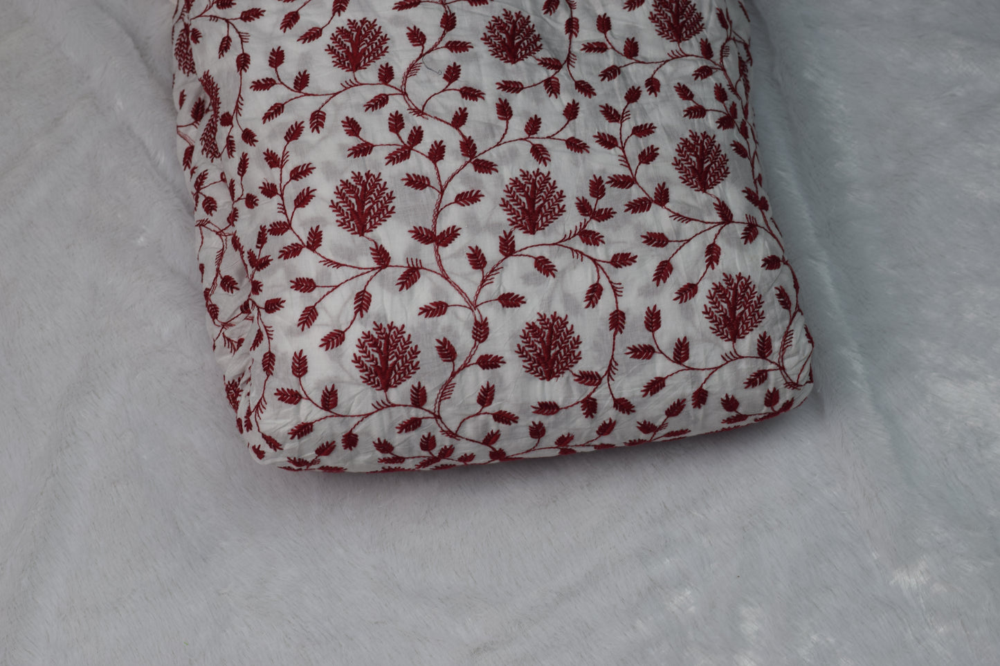 Soft Cotton Embroidered Dress Material – White & Maroon, 3 Meters