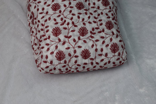 Soft Cotton Embroidered Dress Material – White & Maroon, 3 Meters