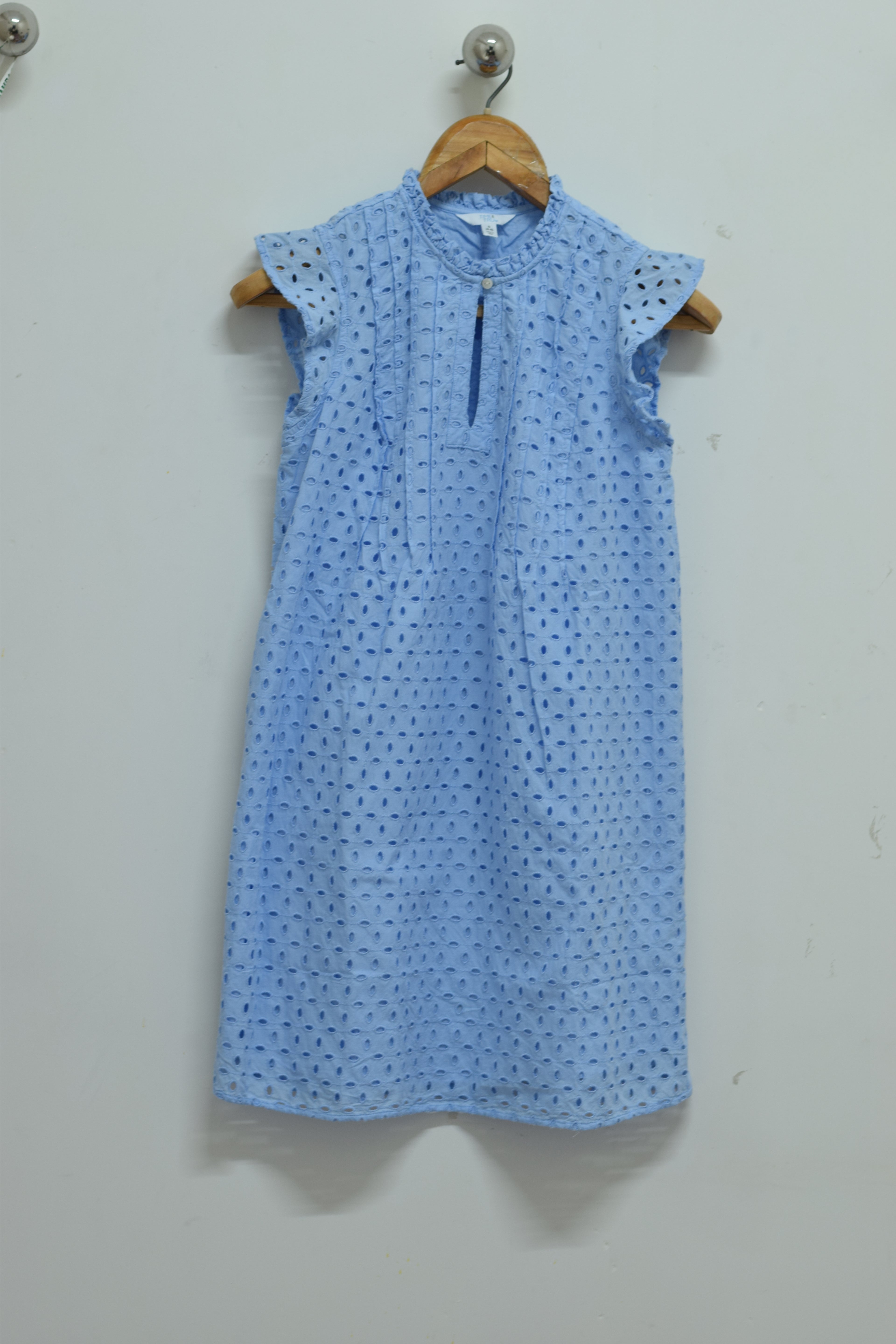 Sky Blue Cotton Eyelet Kids Frock with Ruffle Sleeves