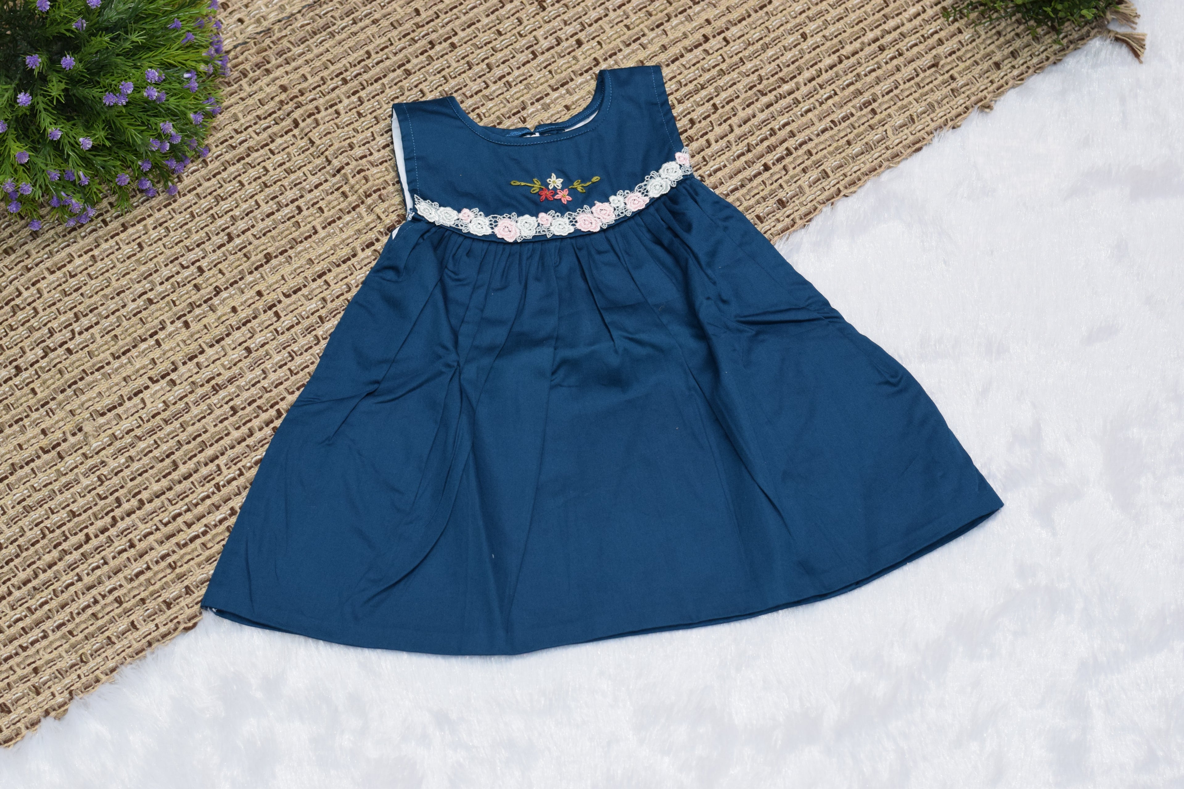 Navy Blue Kids Frock with Floral Lace Detailing - View 2 - Floral - Nushio