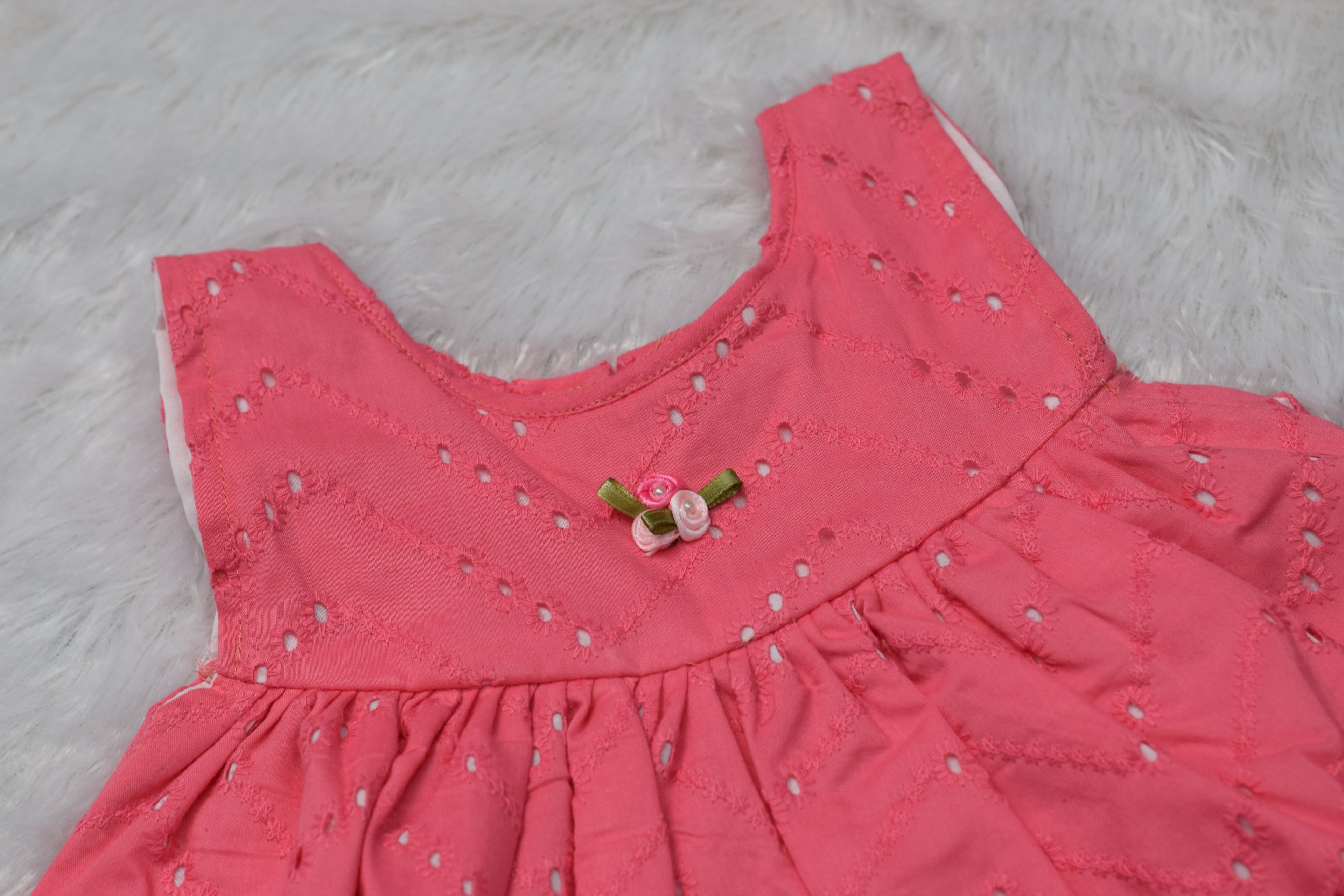 Girls Coral Pink Embroidered Cotton Frock - View 3 - Cotton Embroidered - Nushio