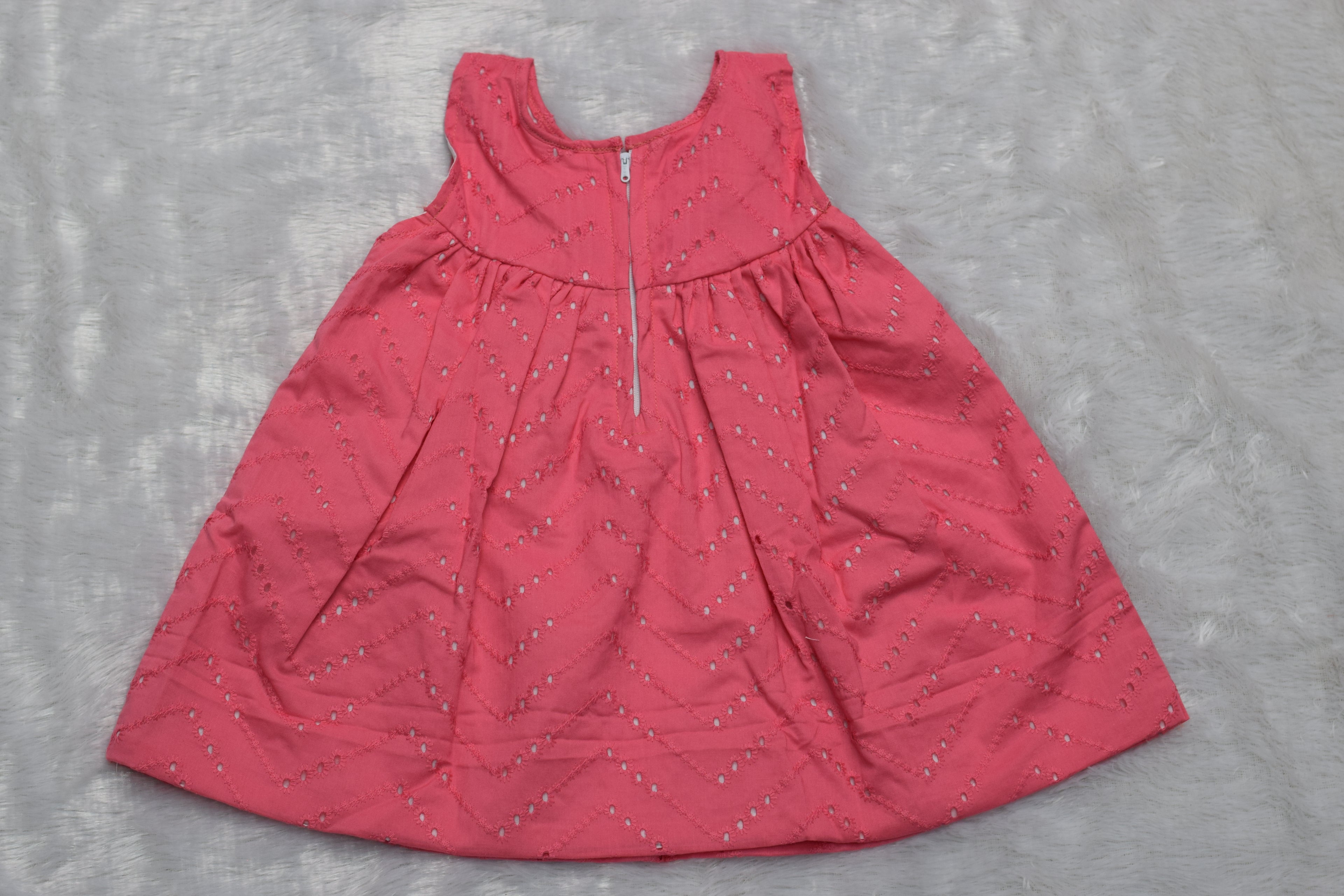 Girls Coral Pink Embroidered Cotton Frock