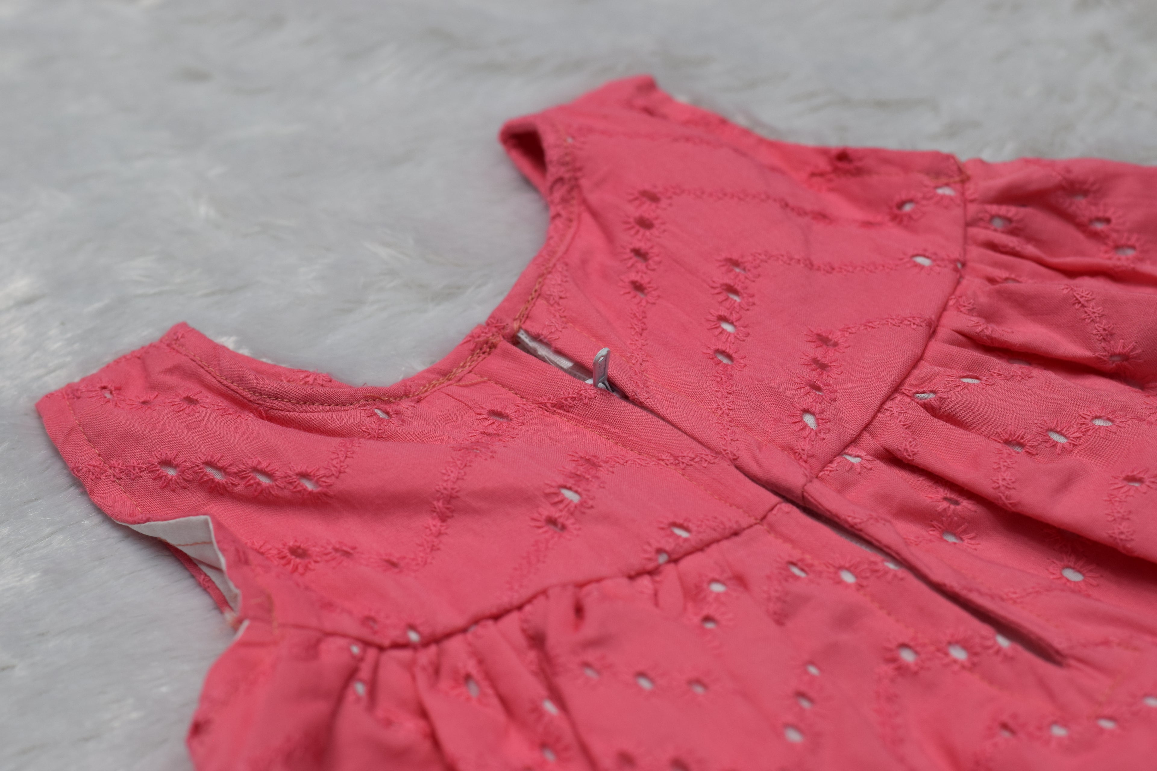 Girls Coral Pink Embroidered Cotton Frock