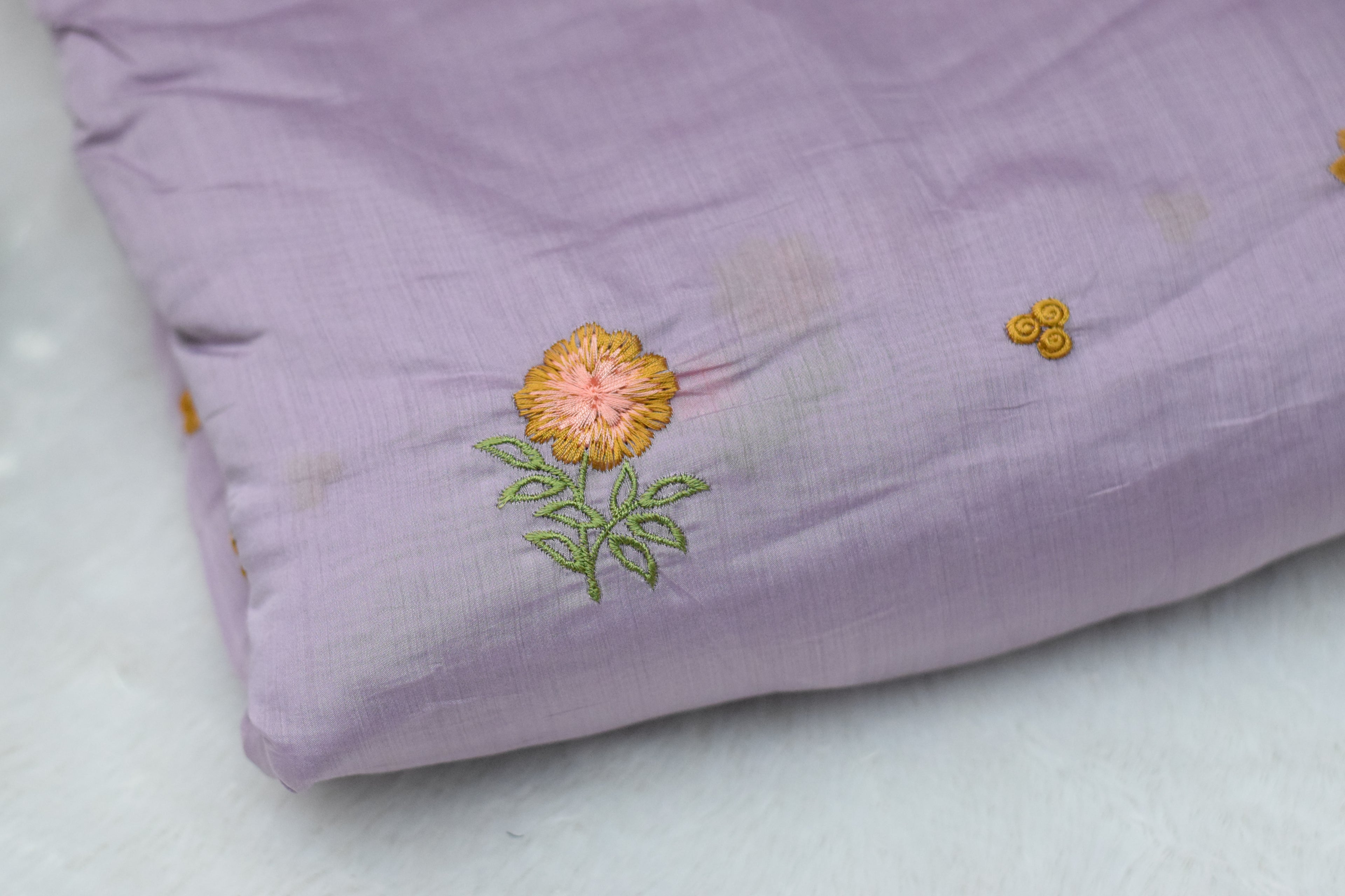 Lavender Mul Chanderi Fabric with Floral Embroidery – 44 Inch Width