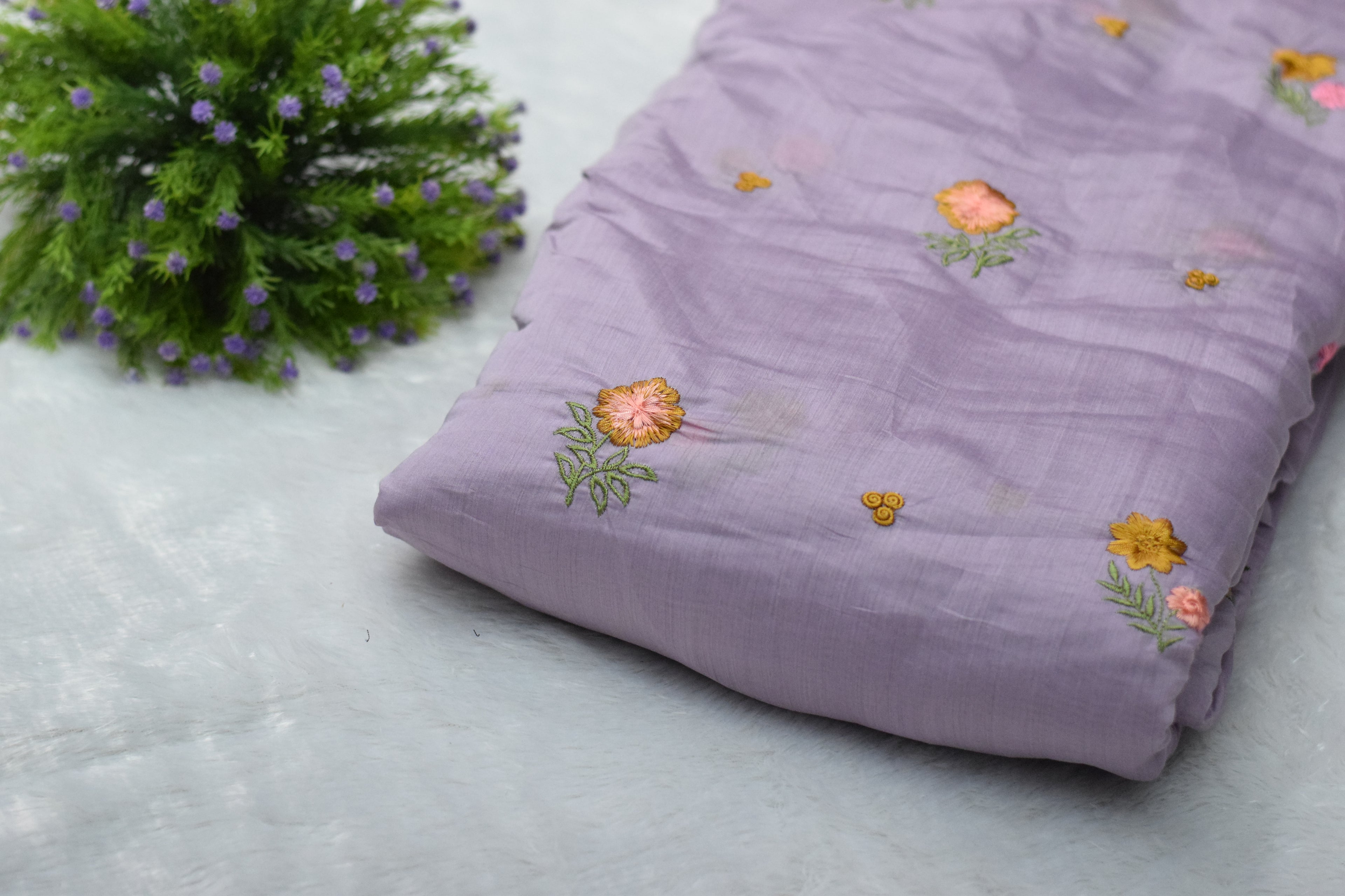 Lavender Mul Chanderi Fabric with Floral Embroidery – 44 Inch Width