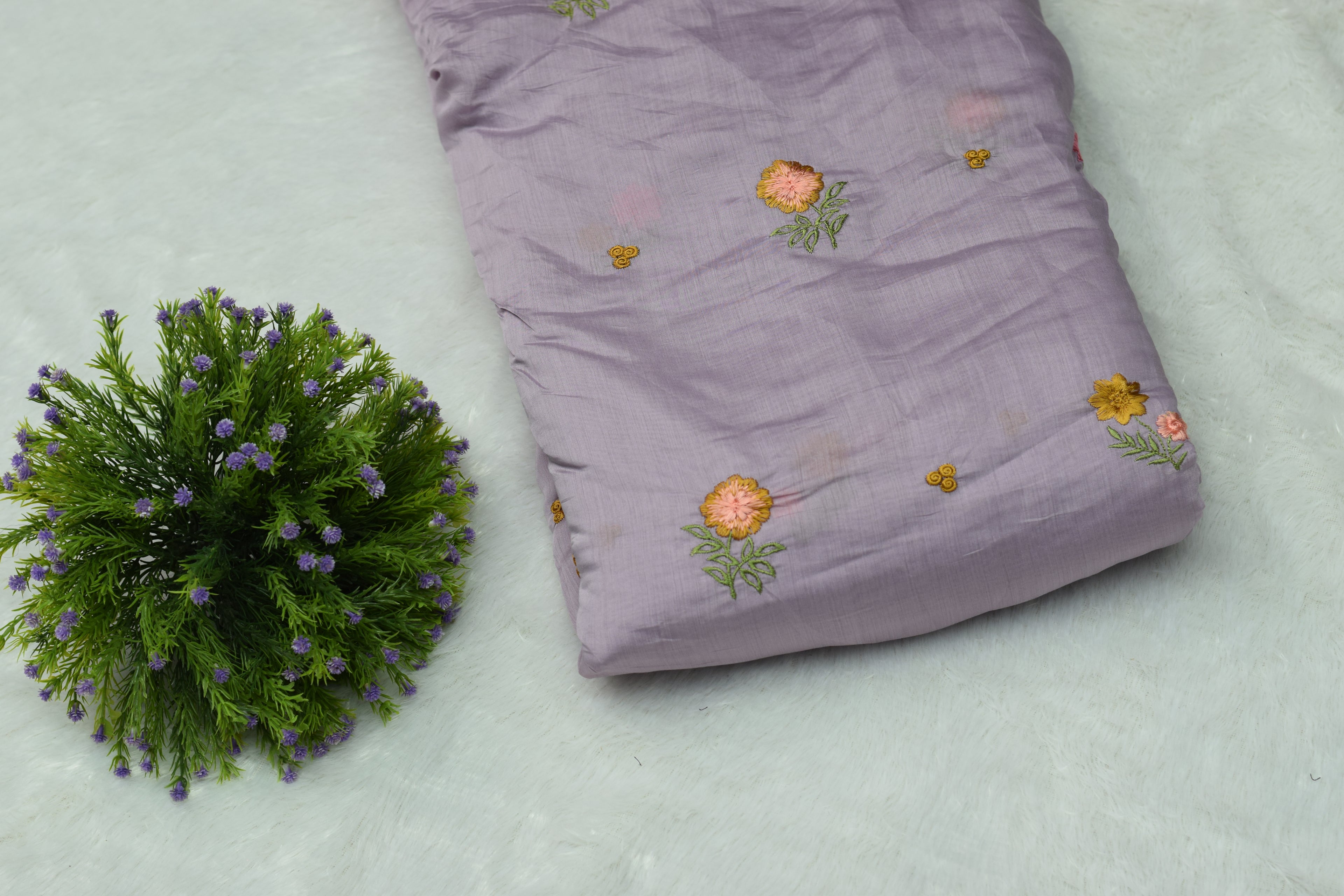 Lavender Mul Chanderi Fabric with Floral Embroidery – 44 Inch Width