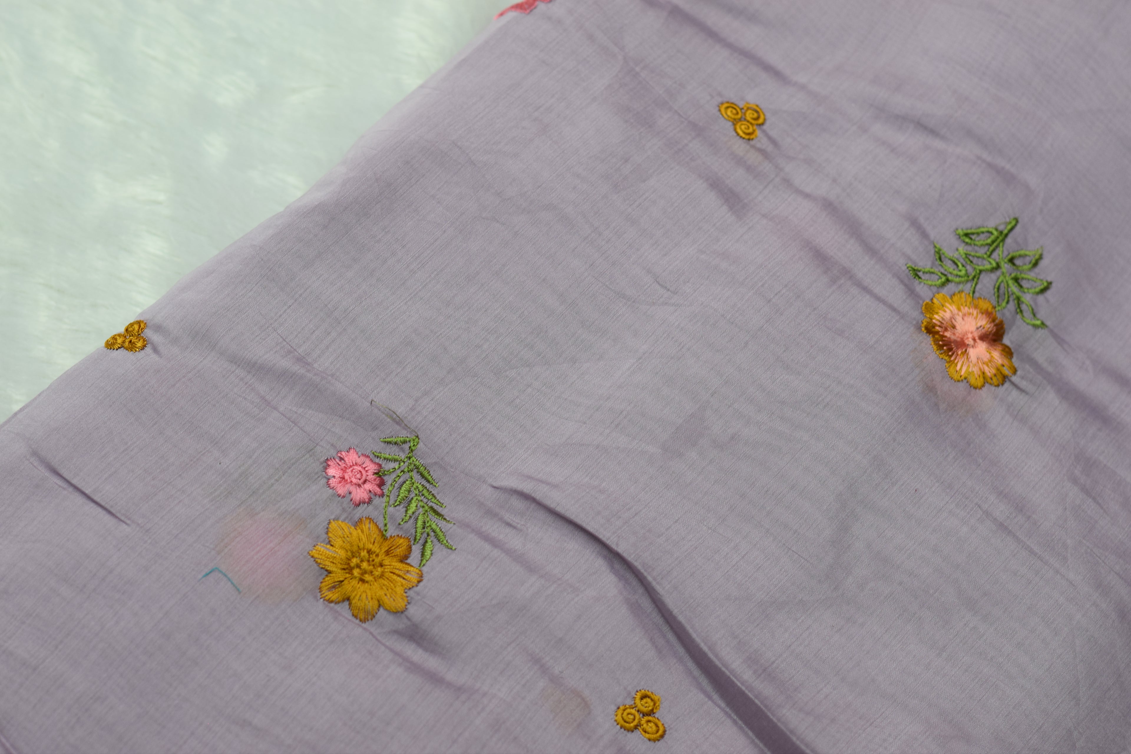 Lavender Mul Chanderi Fabric with Floral Embroidery – 44 Inch Width