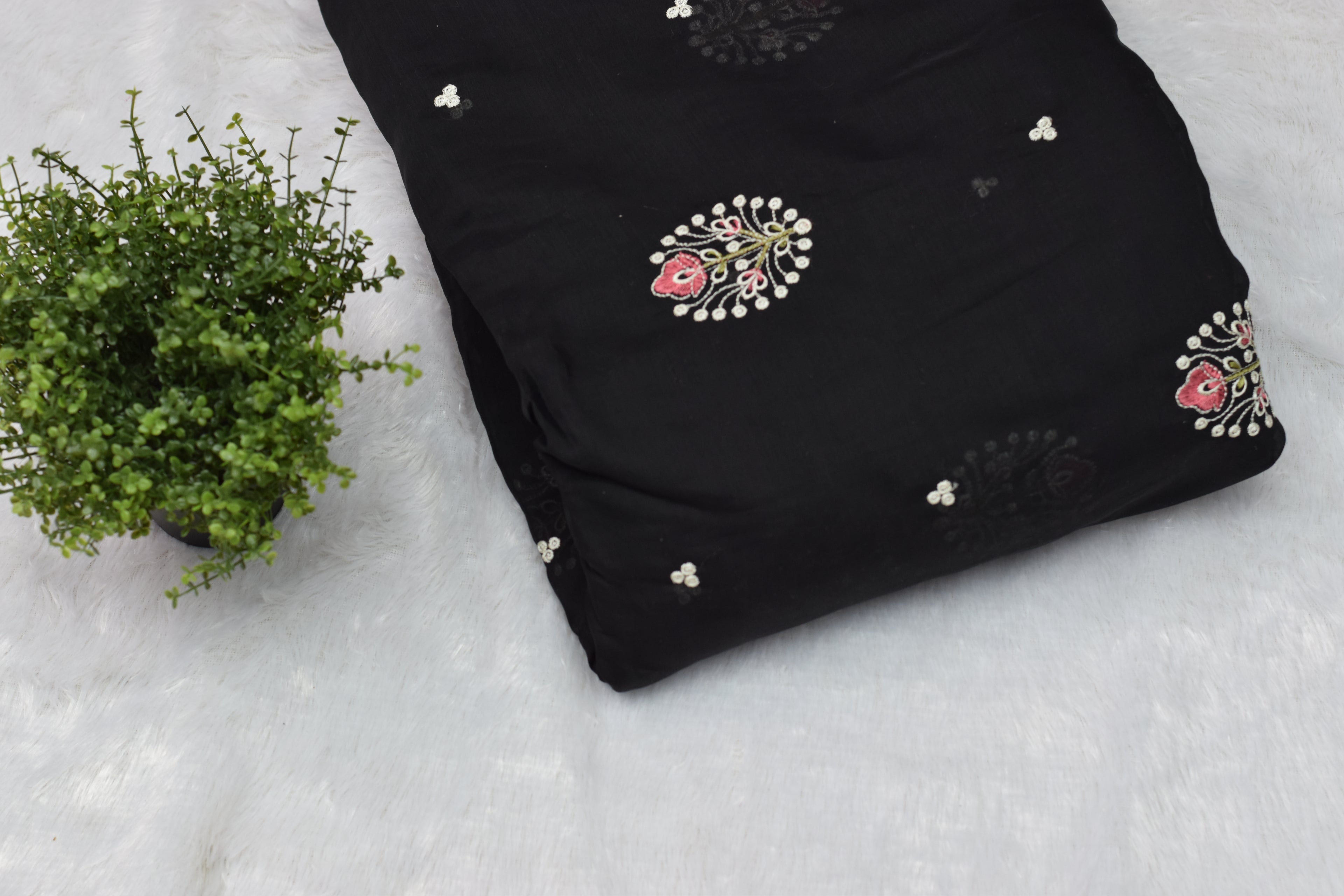 Elegant Black Mul Chanderi Fabric – 44 Inch Width | Floral Embroidered Dress Material