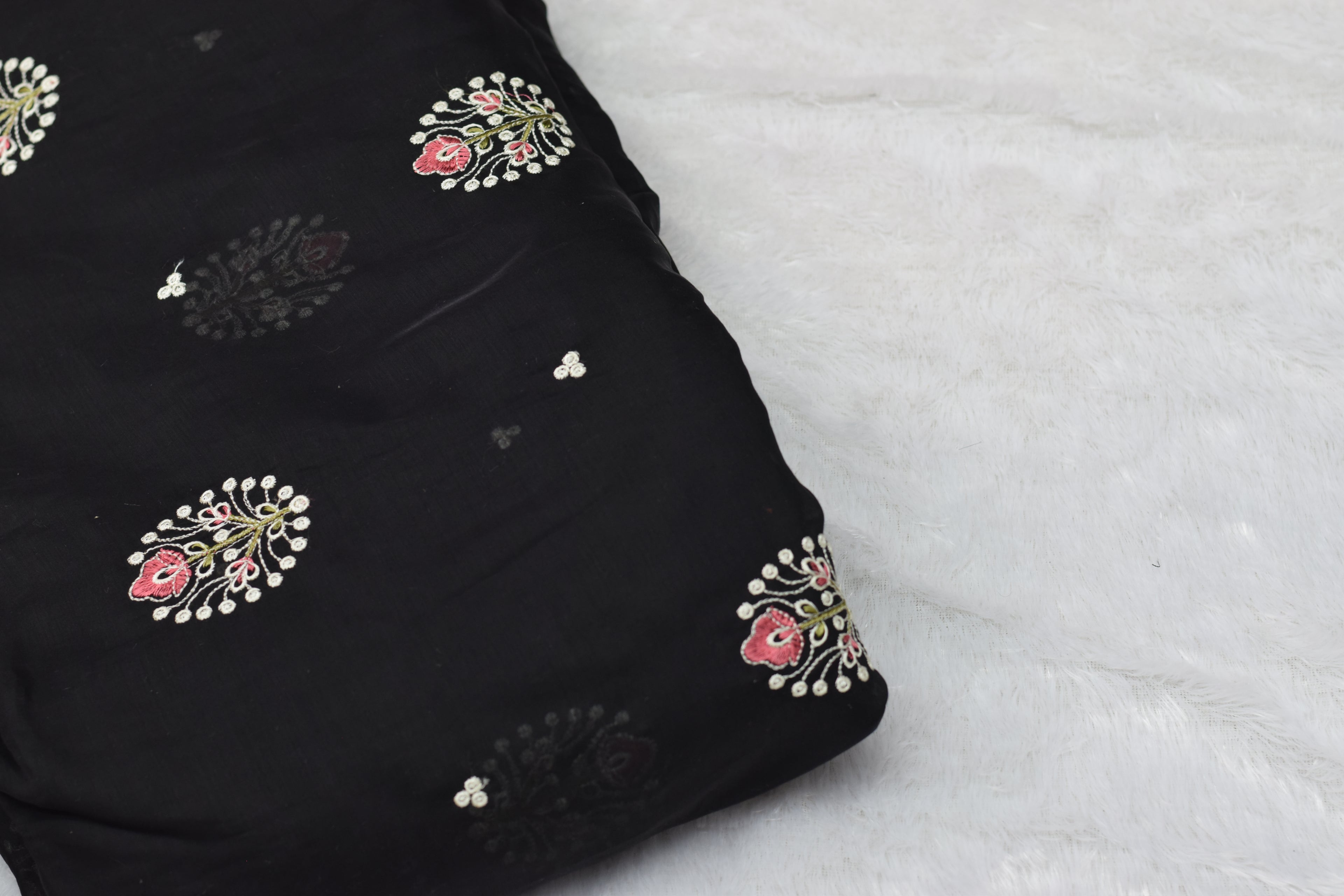 Elegant Black Mul Chanderi Fabric – 44 Inch Width | Floral Embroidered Dress Material