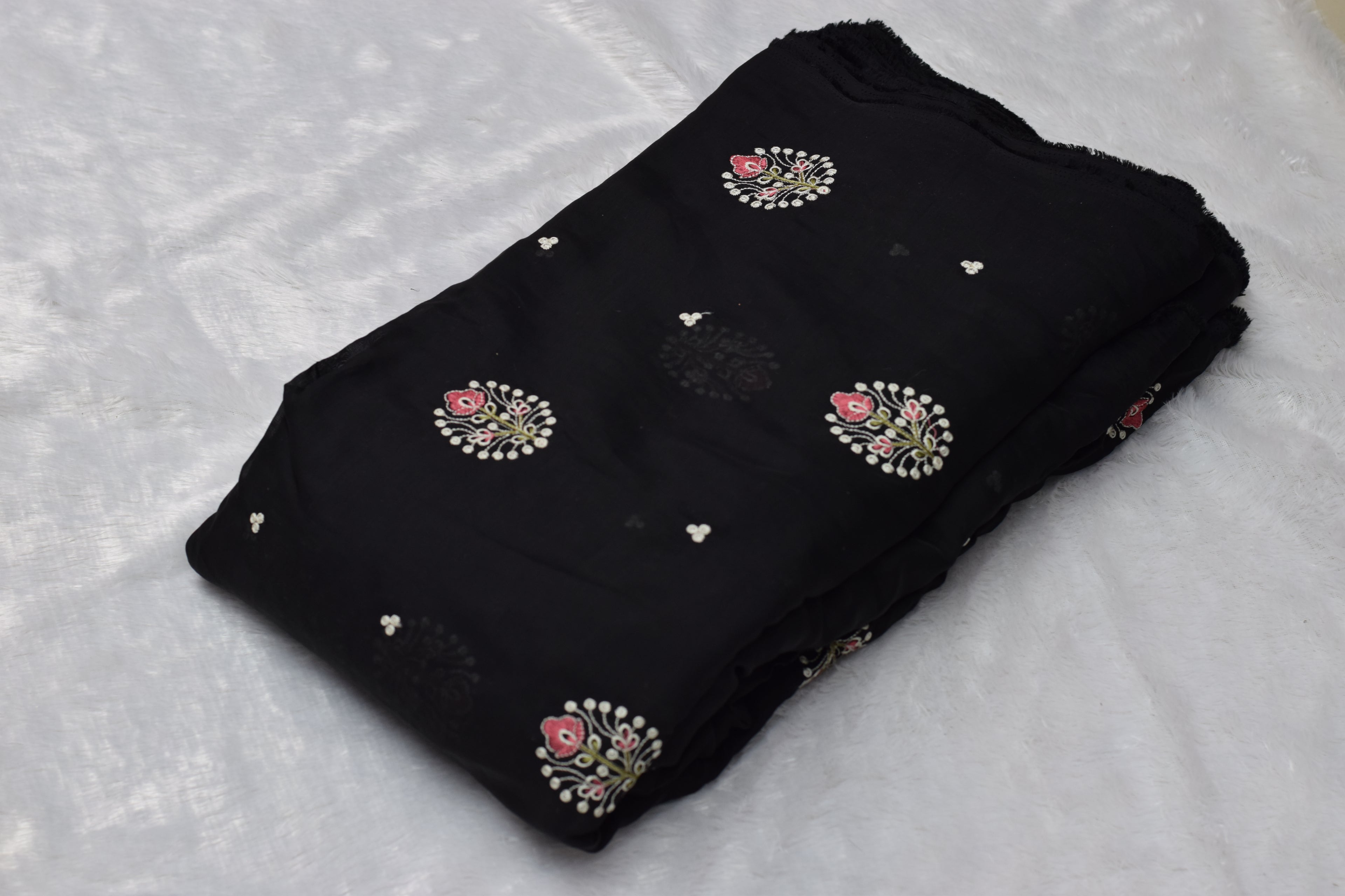 Elegant Black Mul Chanderi Fabric – 44 Inch Width | Floral Embroidered Dress Material