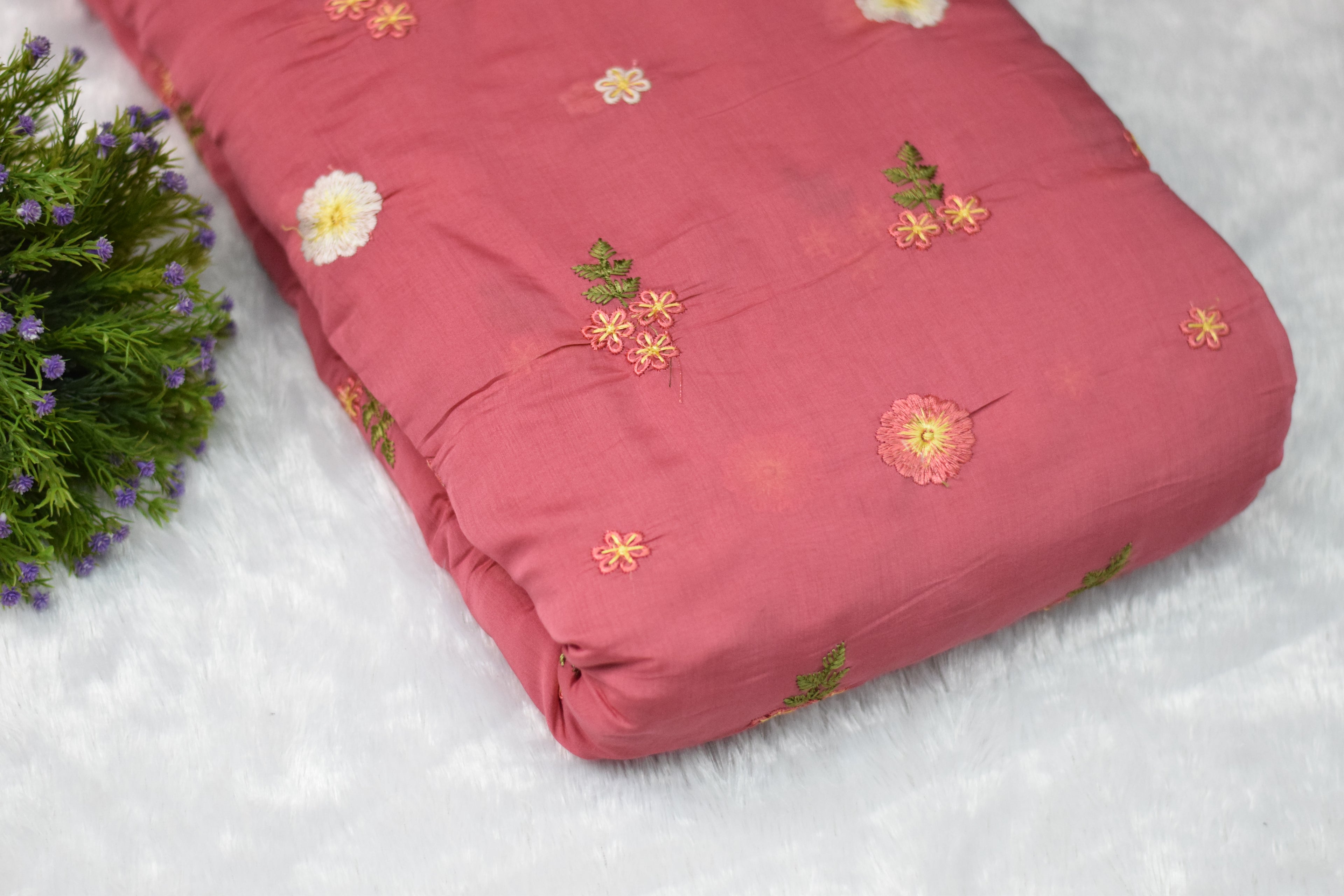 Elegant Pink Mul Chanderi Fabric – 44 Inches Width | Floral Embroidered Dress Material