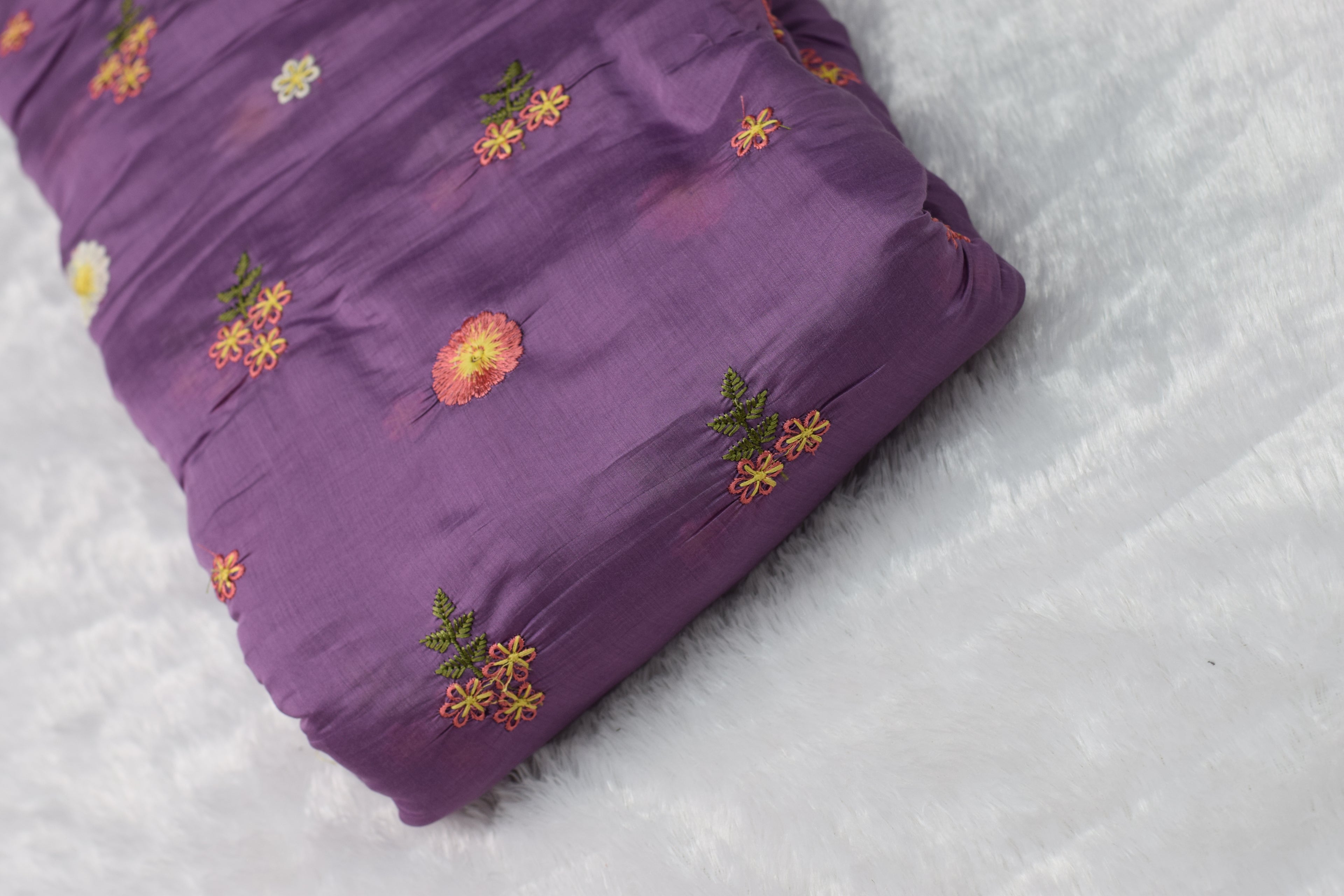 Purple Floral Embroidered Mul Chanderi Fabric – 44 Inches Width