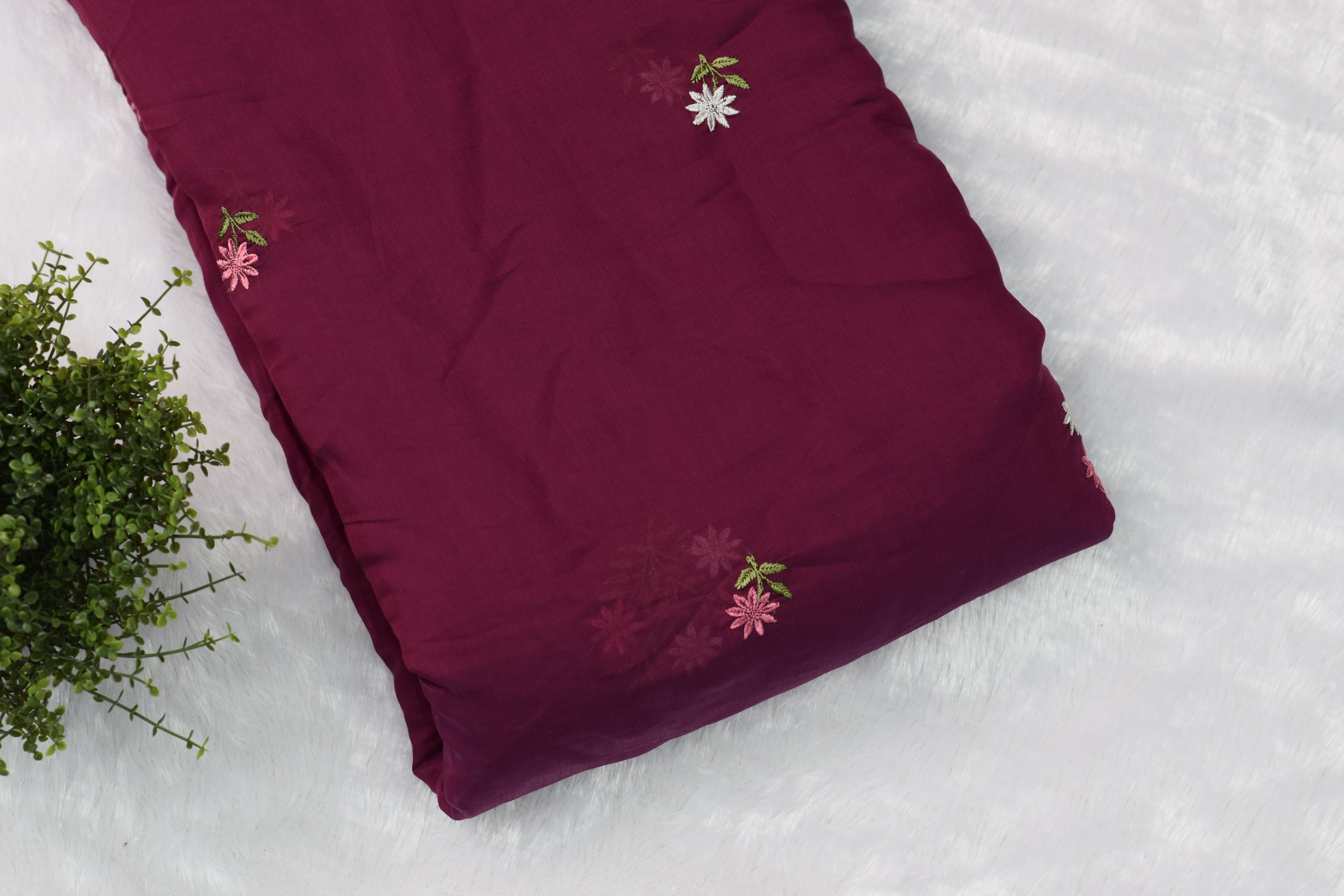 Elegant Wine Mul Chanderi Fabric – 44 Inches Width | Floral Embroidered Dress Material