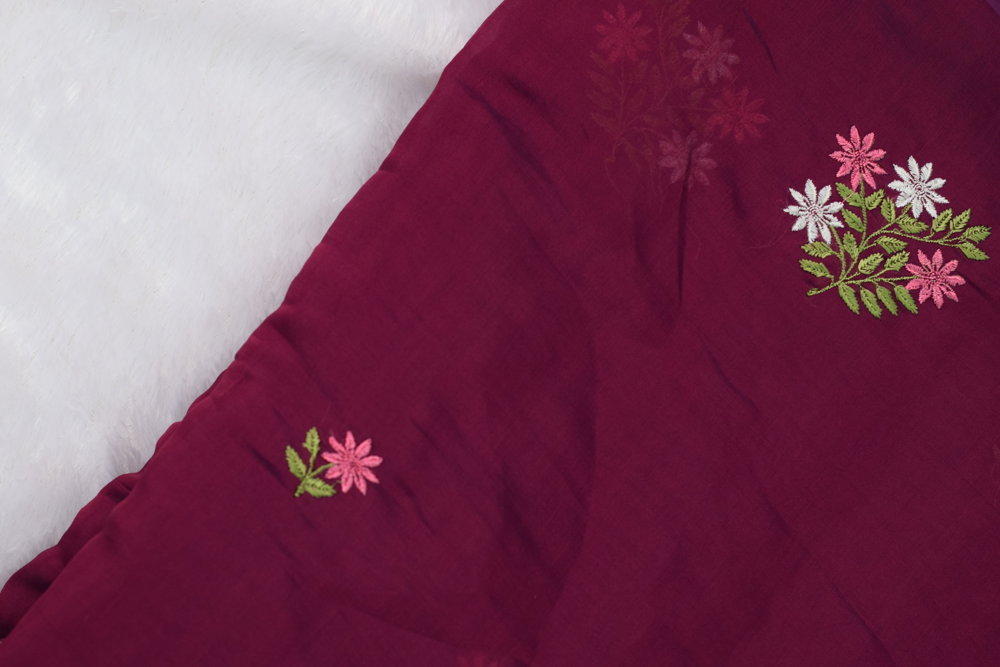 Elegant Wine Mul Chanderi Fabric – 44 Inches Width | Floral Embroidered Dress Material