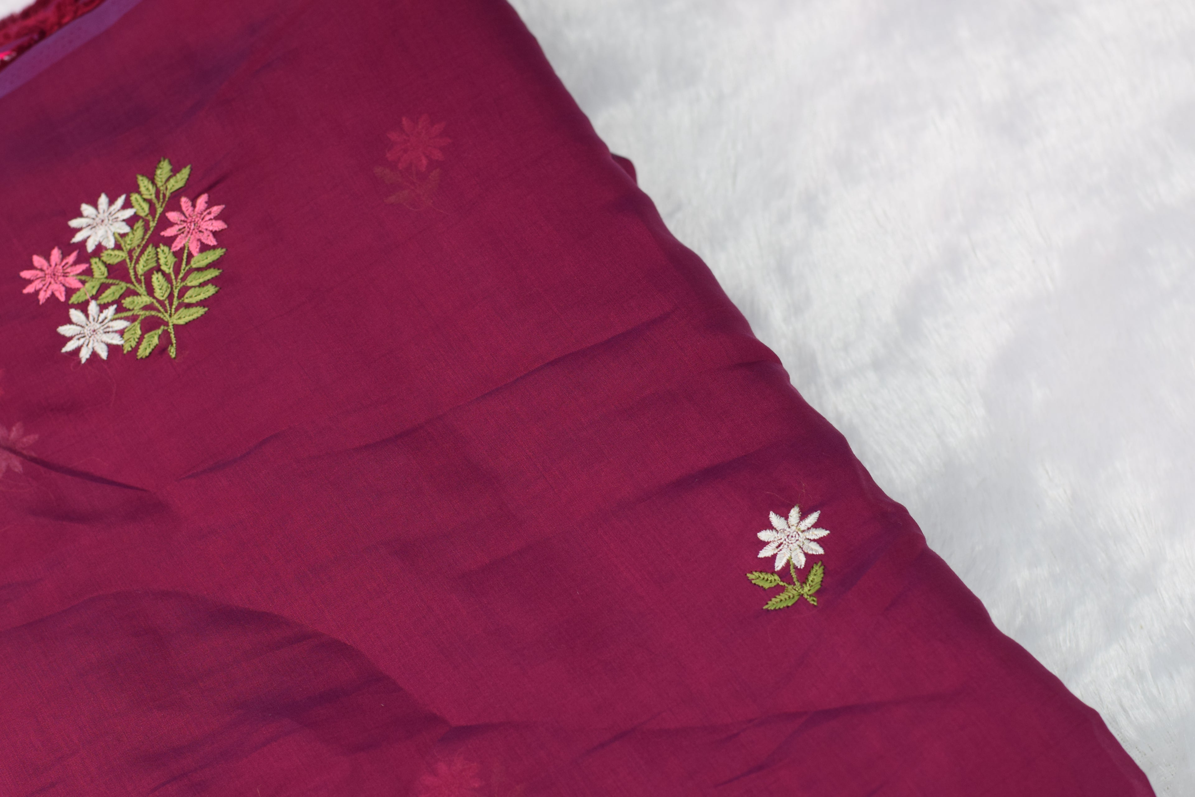 Elegant Wine Mul Chanderi Fabric – 44 Inches Width | Floral Embroidered Dress Material