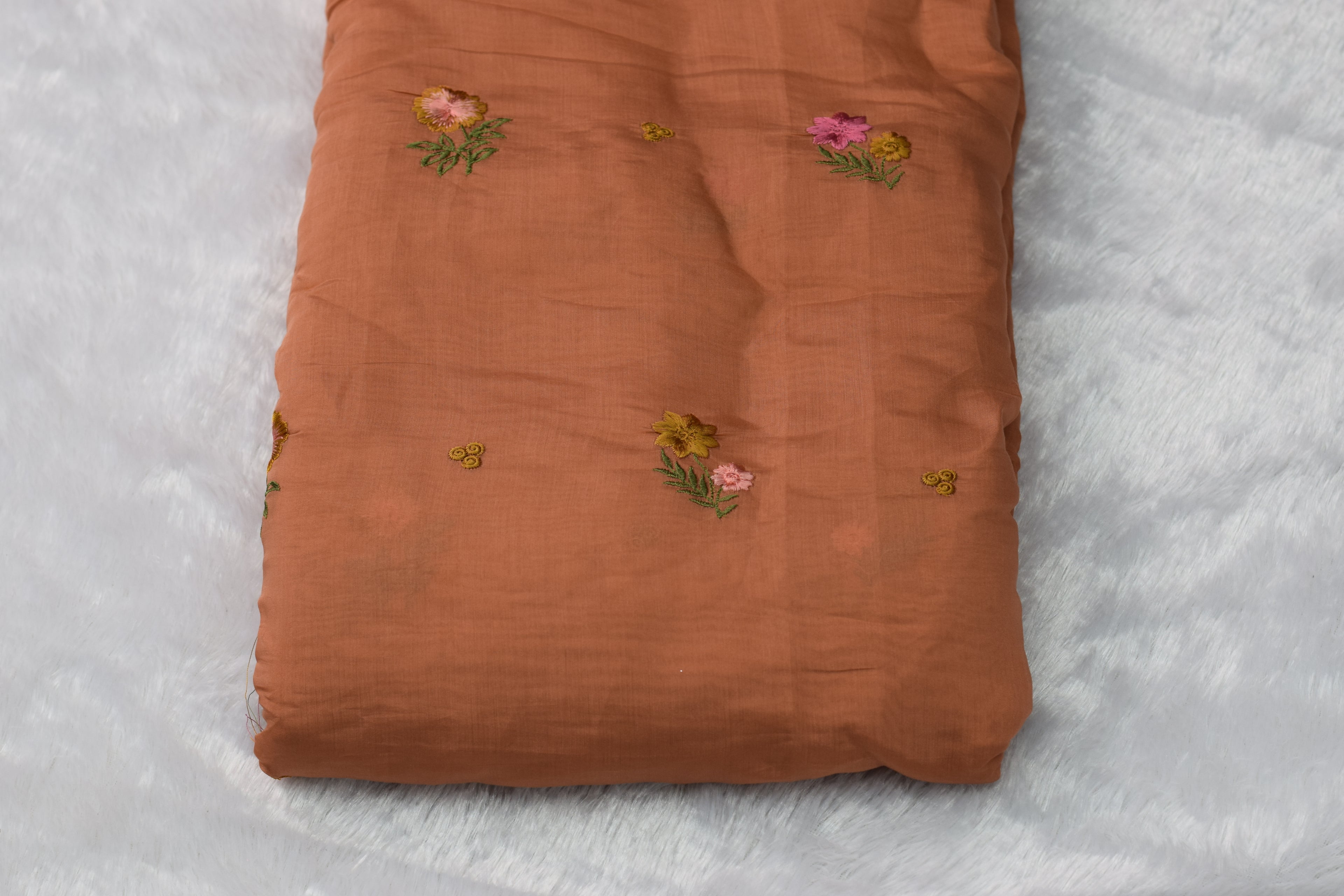 Premium Rust Mul Chanderi Fabric – 44 Inches Width | Soft & Lightweight Embroidered Dress Material