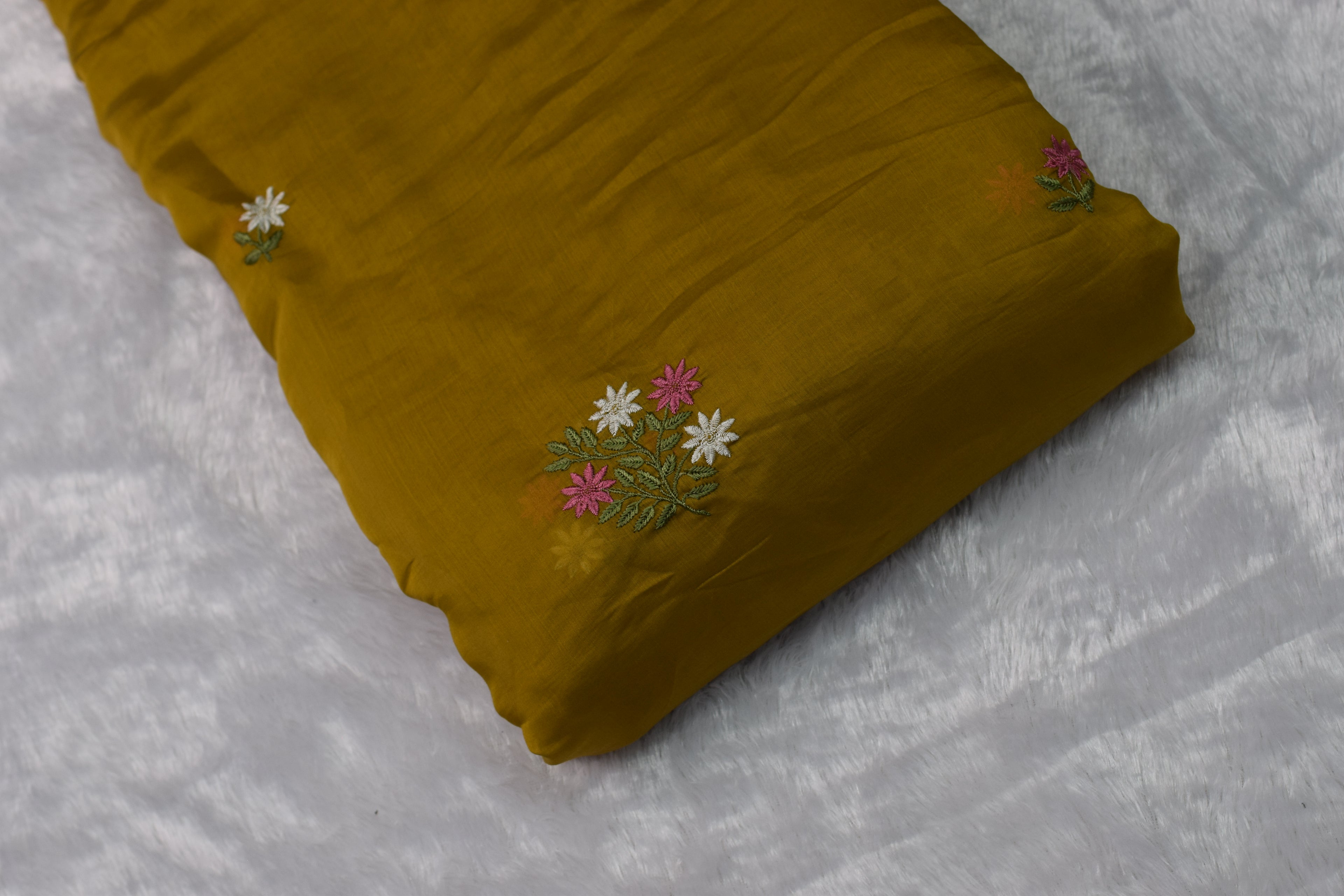 Mustard Yellow Mul Chanderi Fabric with Floral Embroidery – 44 Inches Width