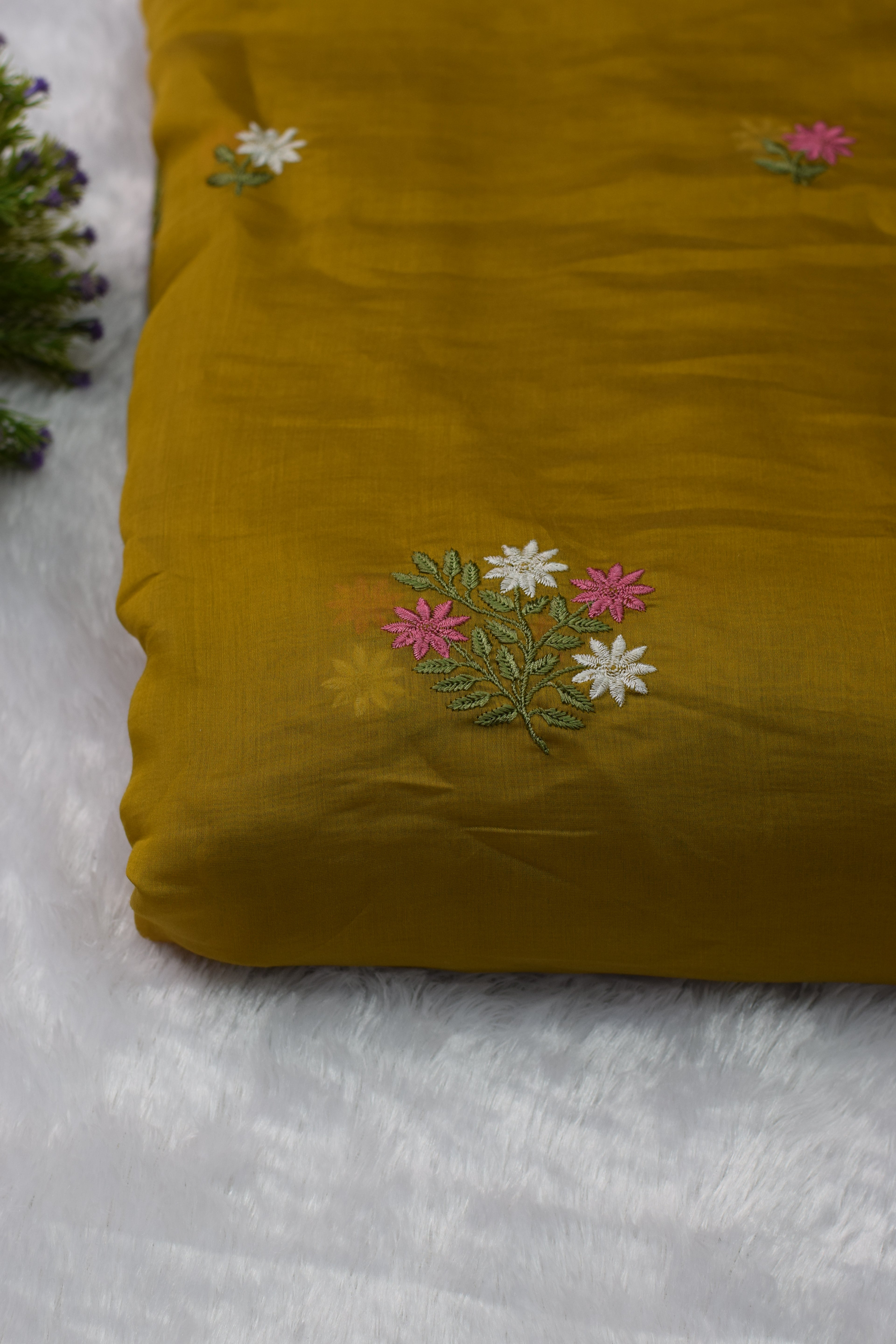 Mustard Yellow Mul Chanderi Fabric with Floral Embroidery – 44 Inches Width