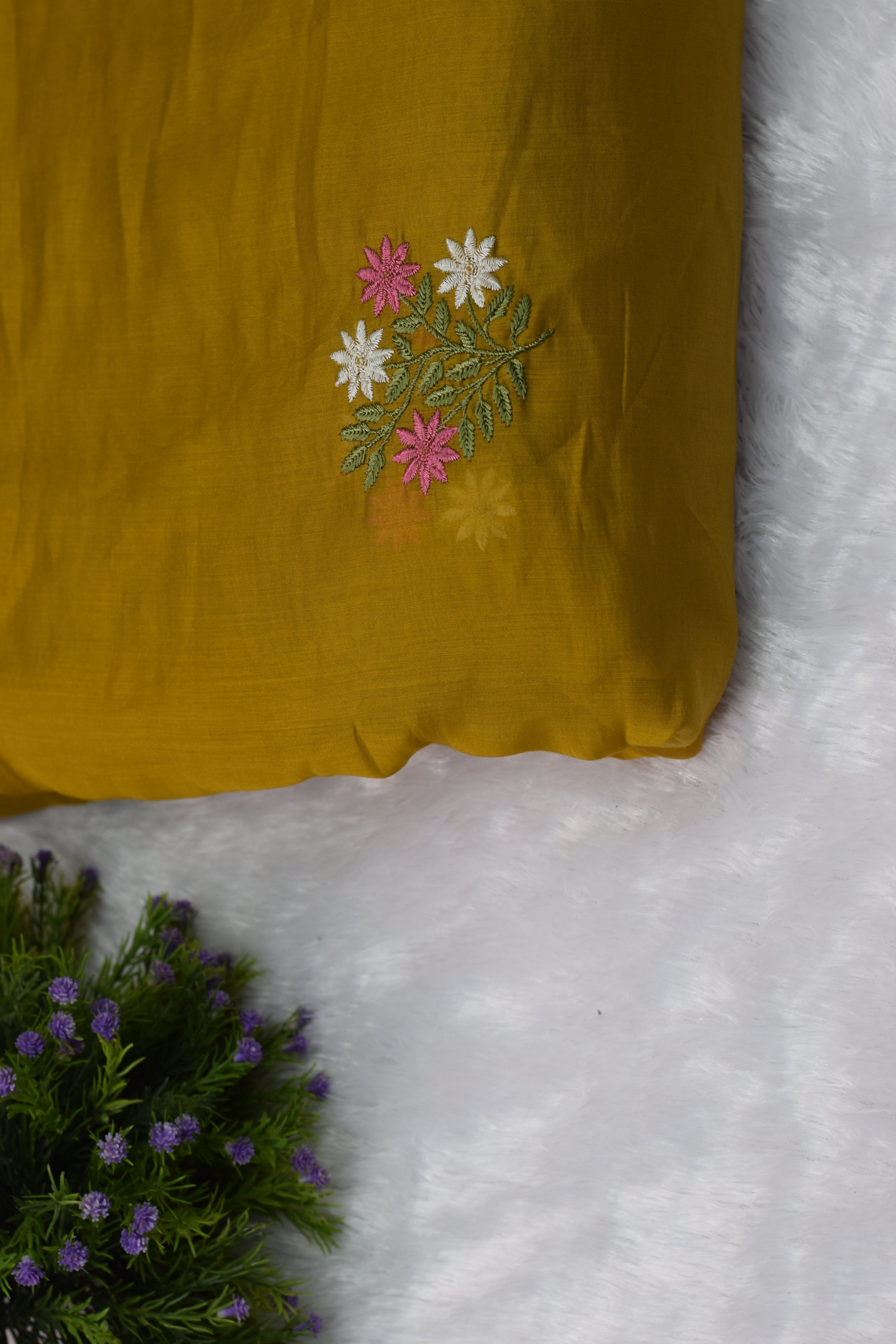 Mustard Yellow Mul Chanderi Fabric with Floral Embroidery – 44 Inches Width