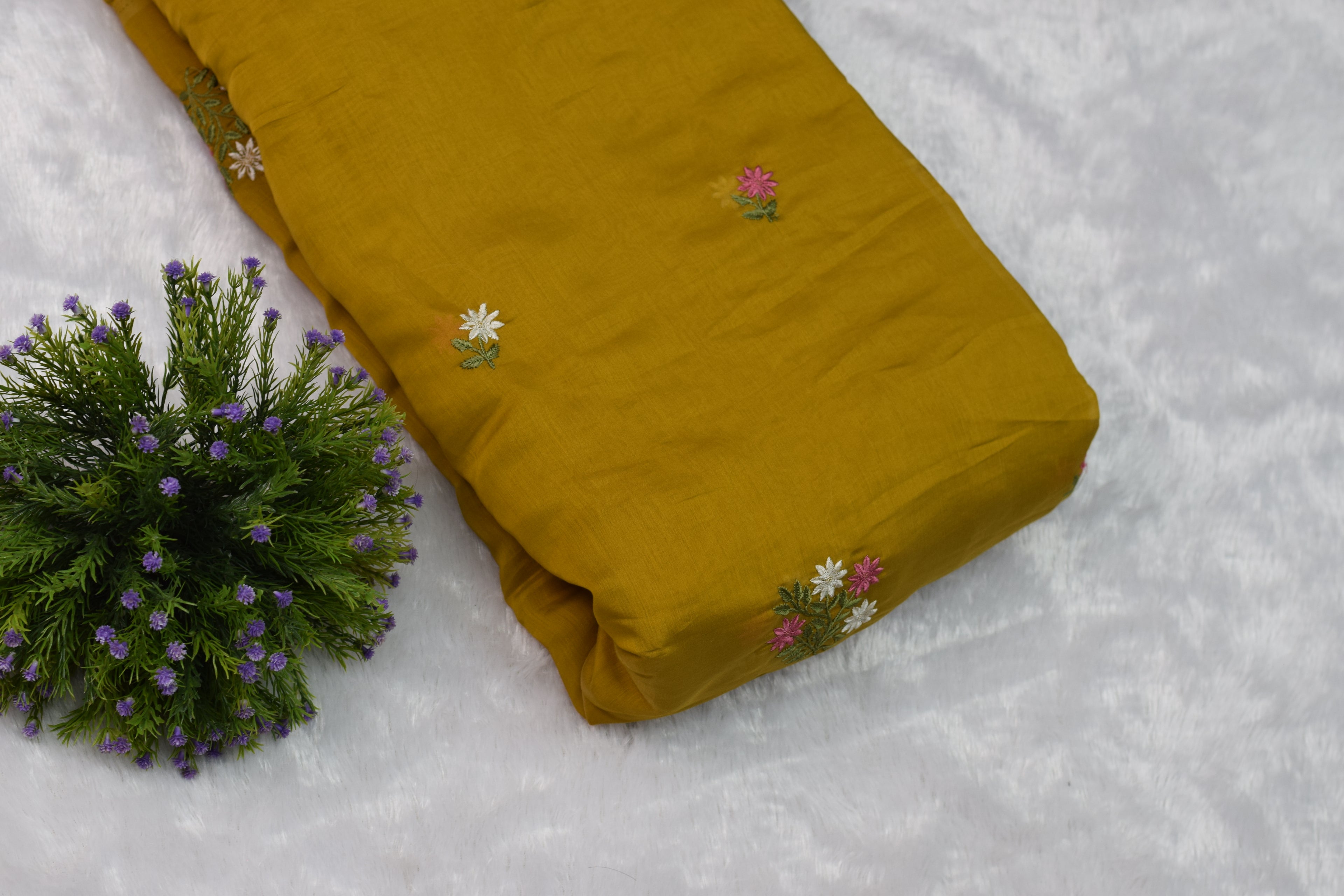 Mustard Yellow Mul Chanderi Fabric with Floral Embroidery – 44 Inches Width