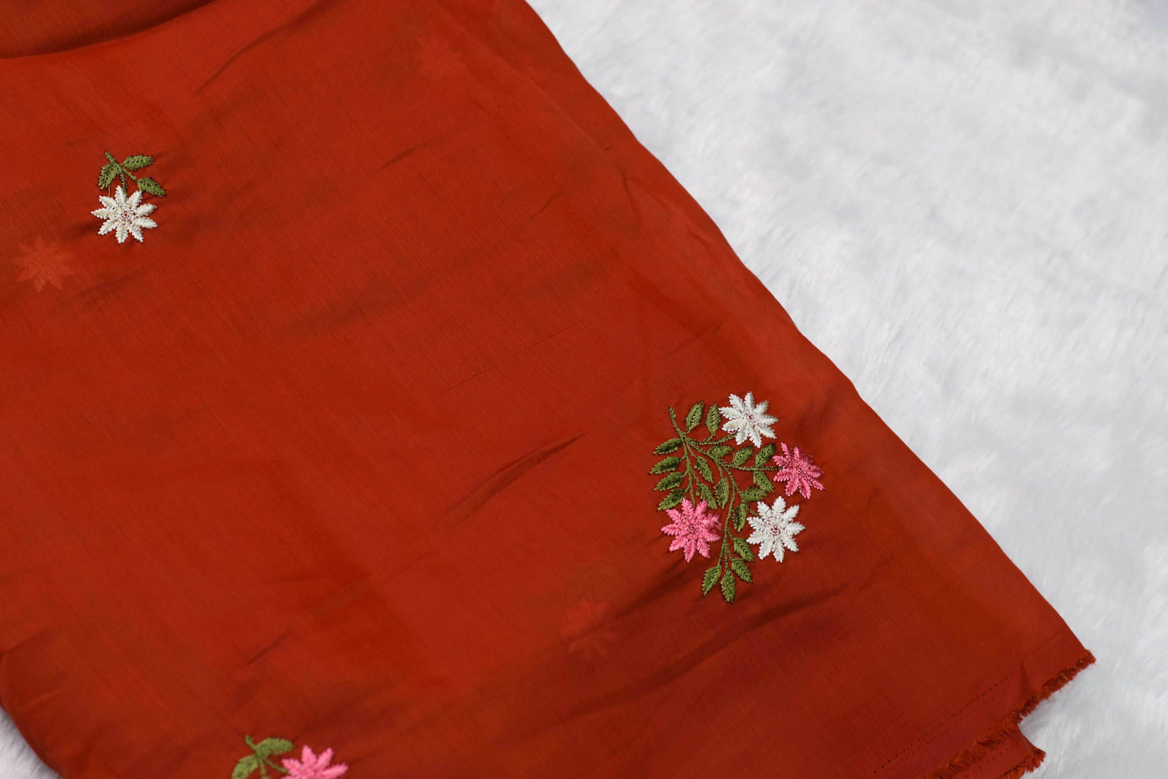 Rust Orange Mul Chanderi Fabric with Floral Embroidery – 44 Inches Width
