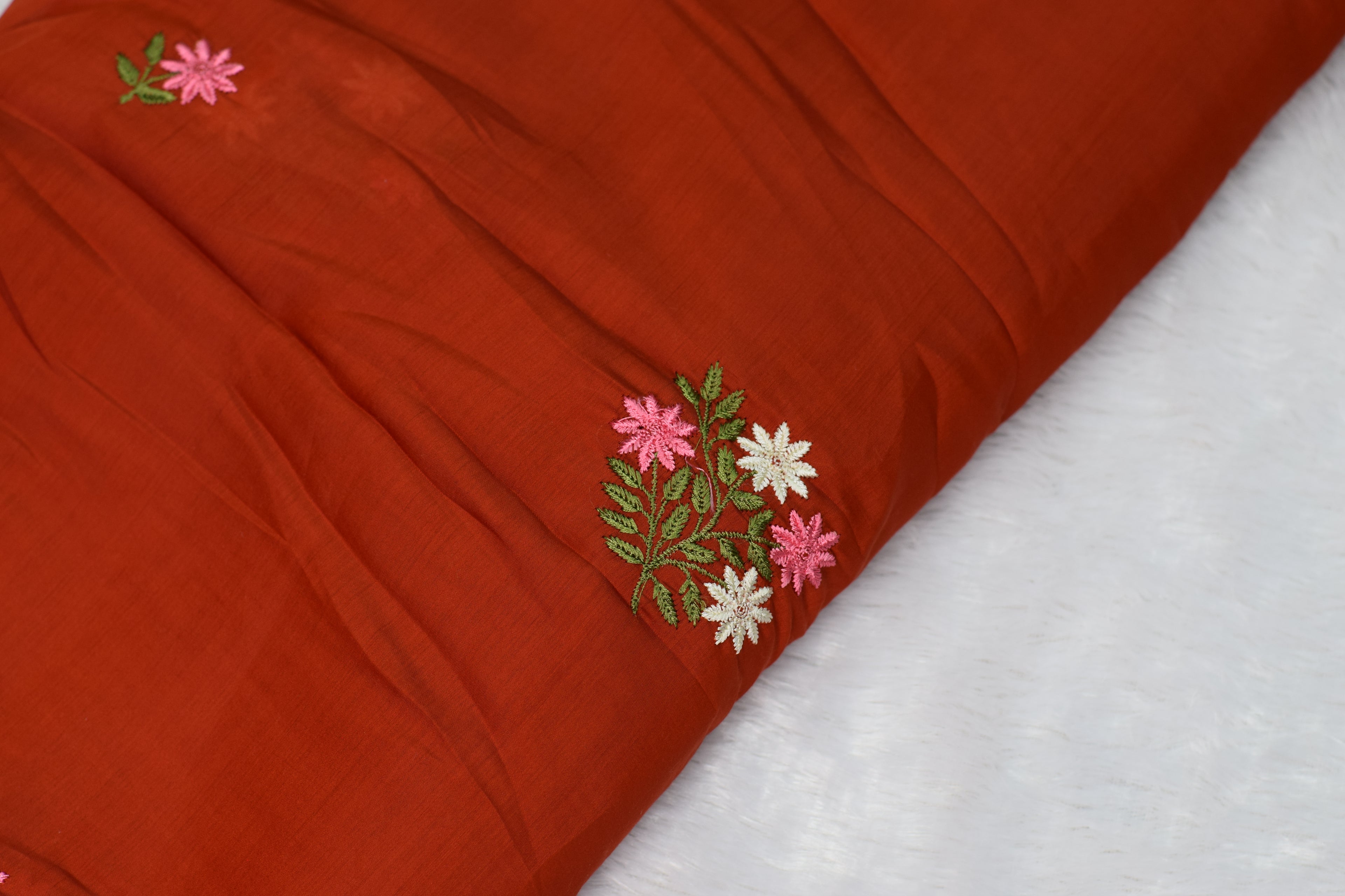 Rust Orange Mul Chanderi Fabric with Floral Embroidery – 44 Inches Width