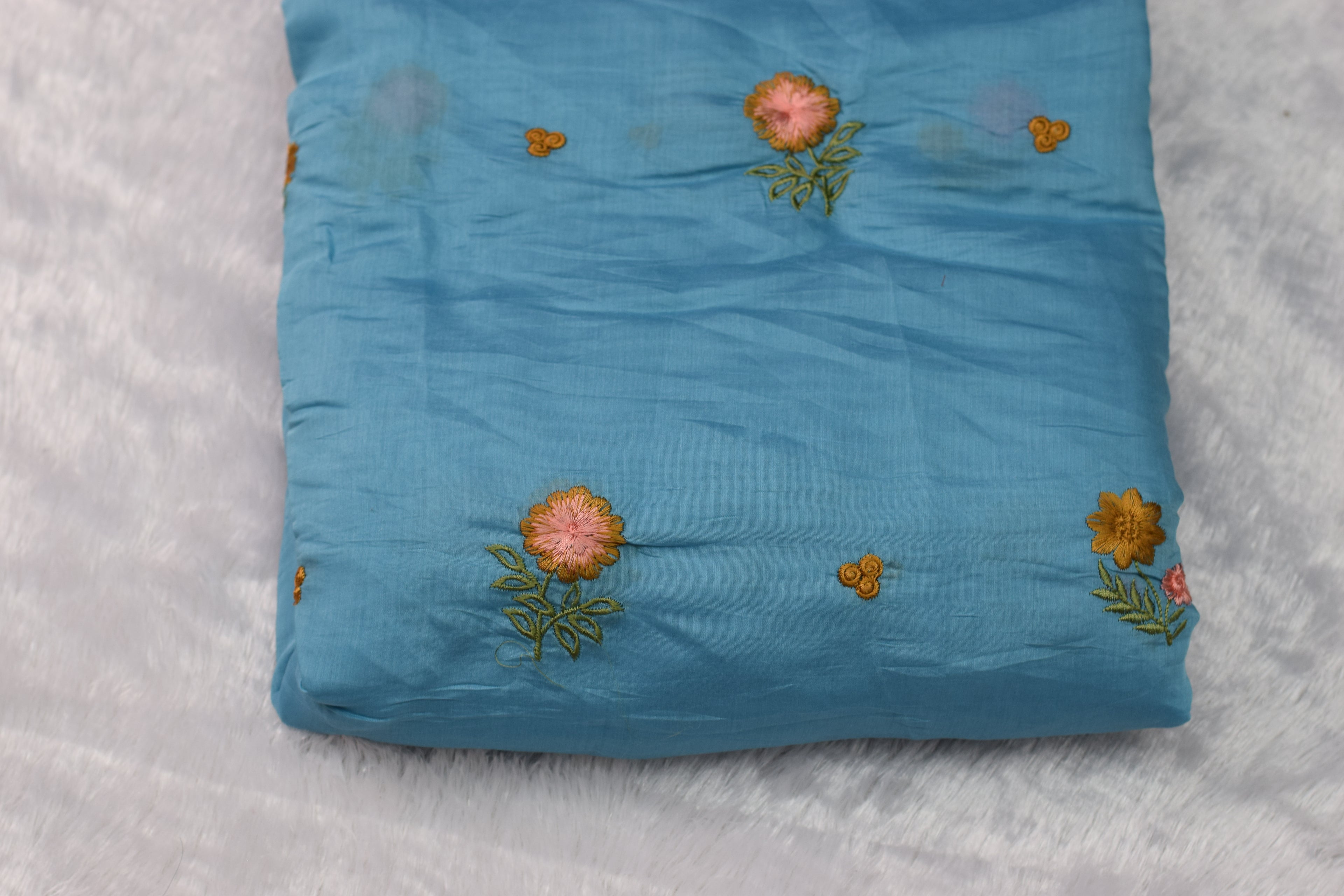 Sky Blue Floral Embroidered Mul Chanderi Fabric – 44 Inches Width
