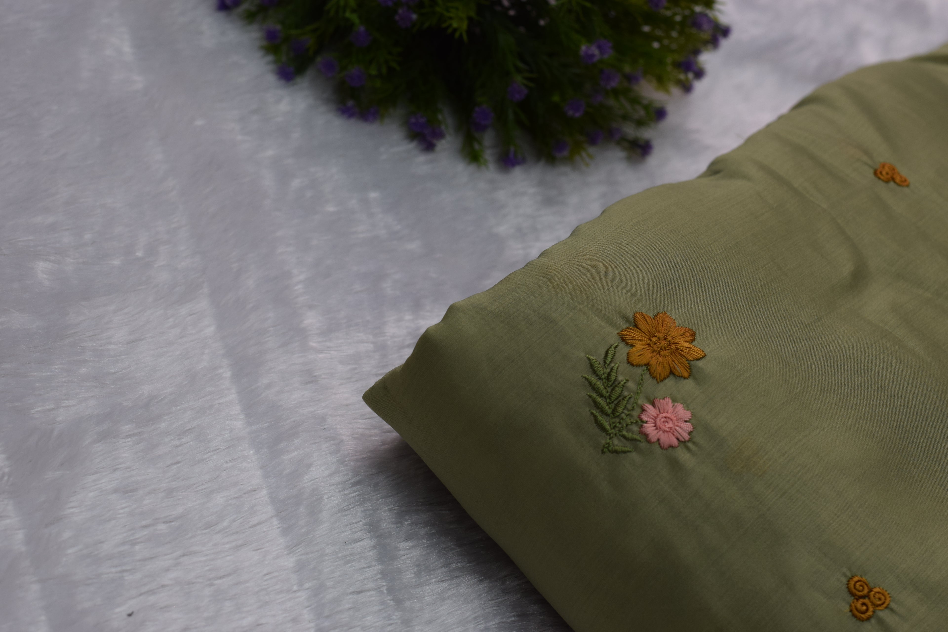 Olive Green Mul Chanderi Fabric with Floral Embroidery – 44 Inches Width