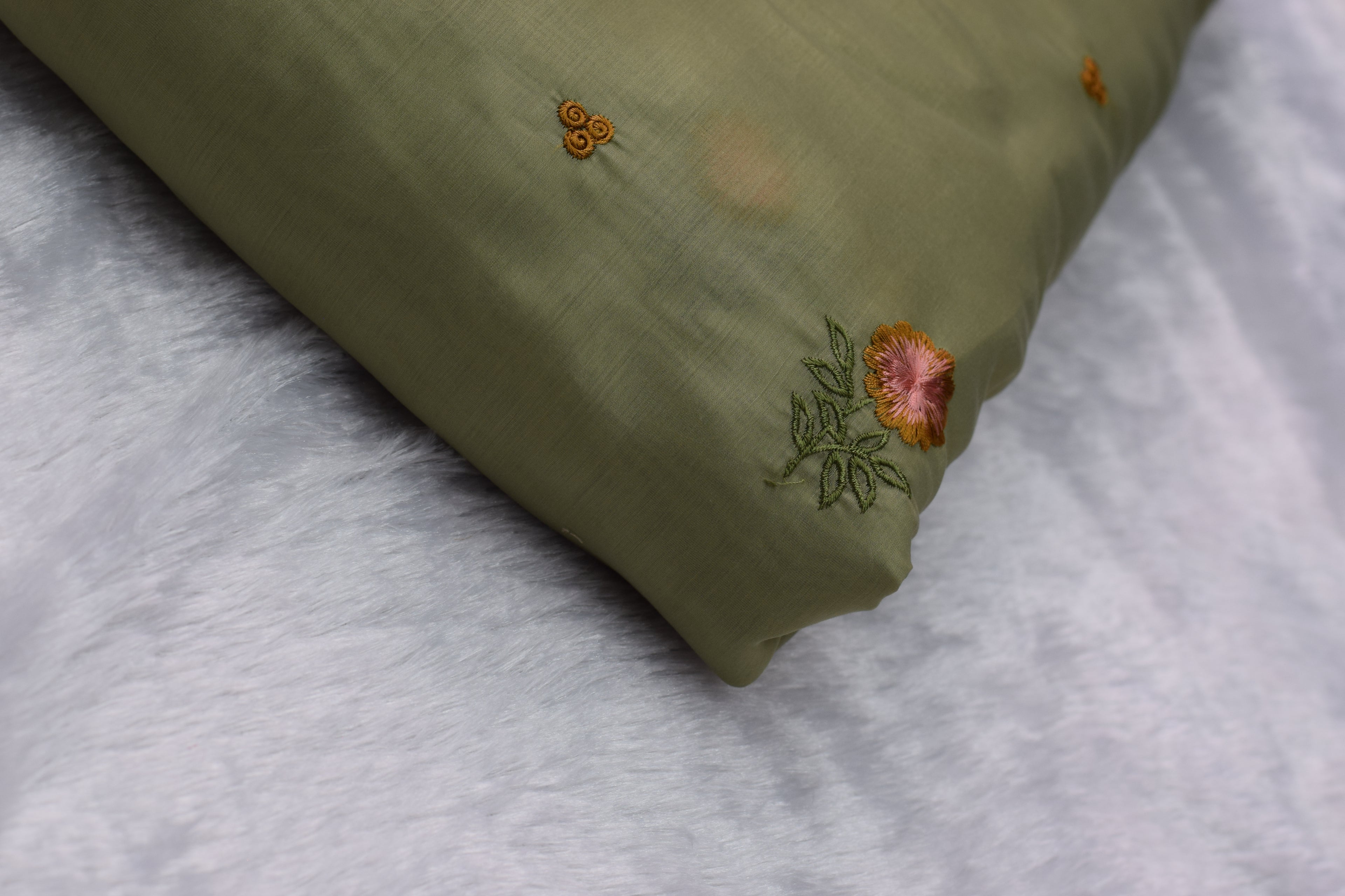 Olive Green Mul Chanderi Fabric with Floral Embroidery – 44 Inches Width