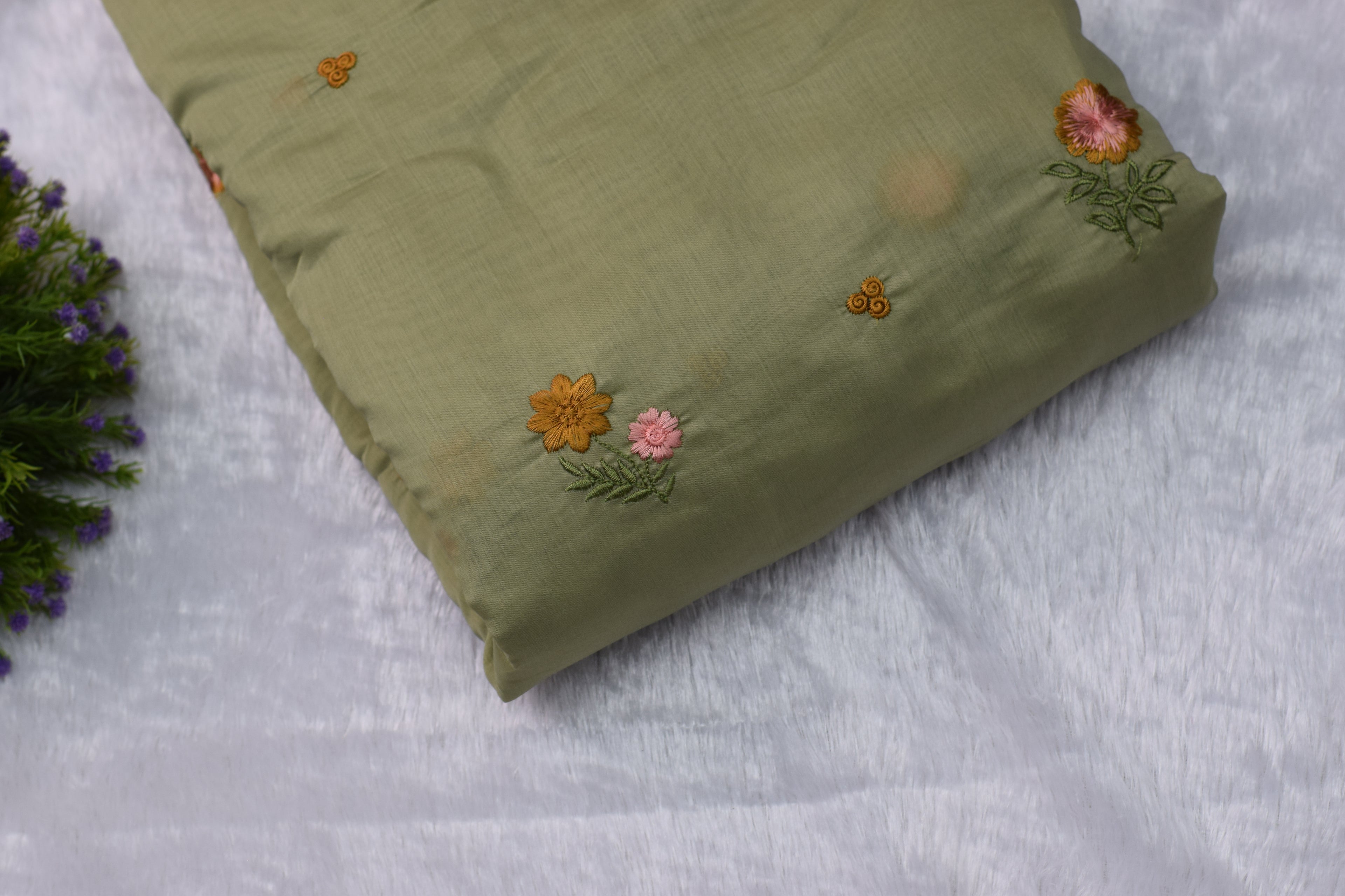 Olive Green Mul Chanderi Fabric with Floral Embroidery – 44 Inches Width