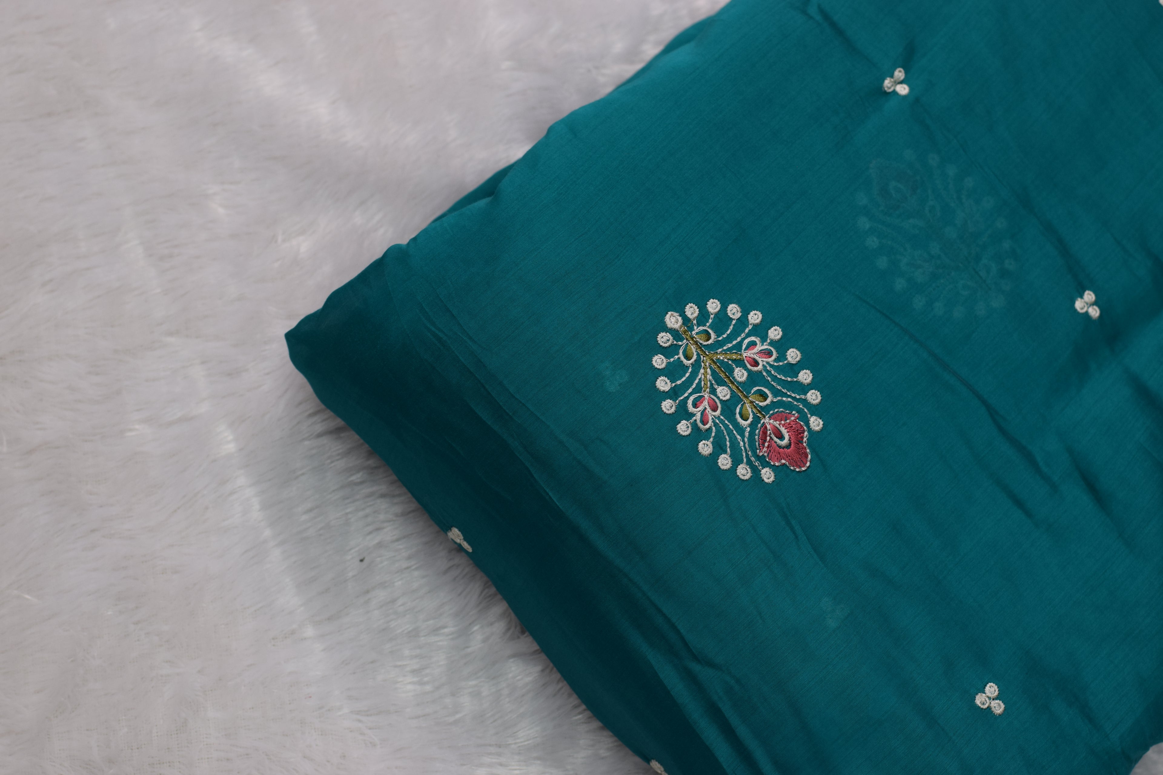 Teal Green Mul Chanderi Fabric with Elegant Floral Embroidery – 44 Inches Width