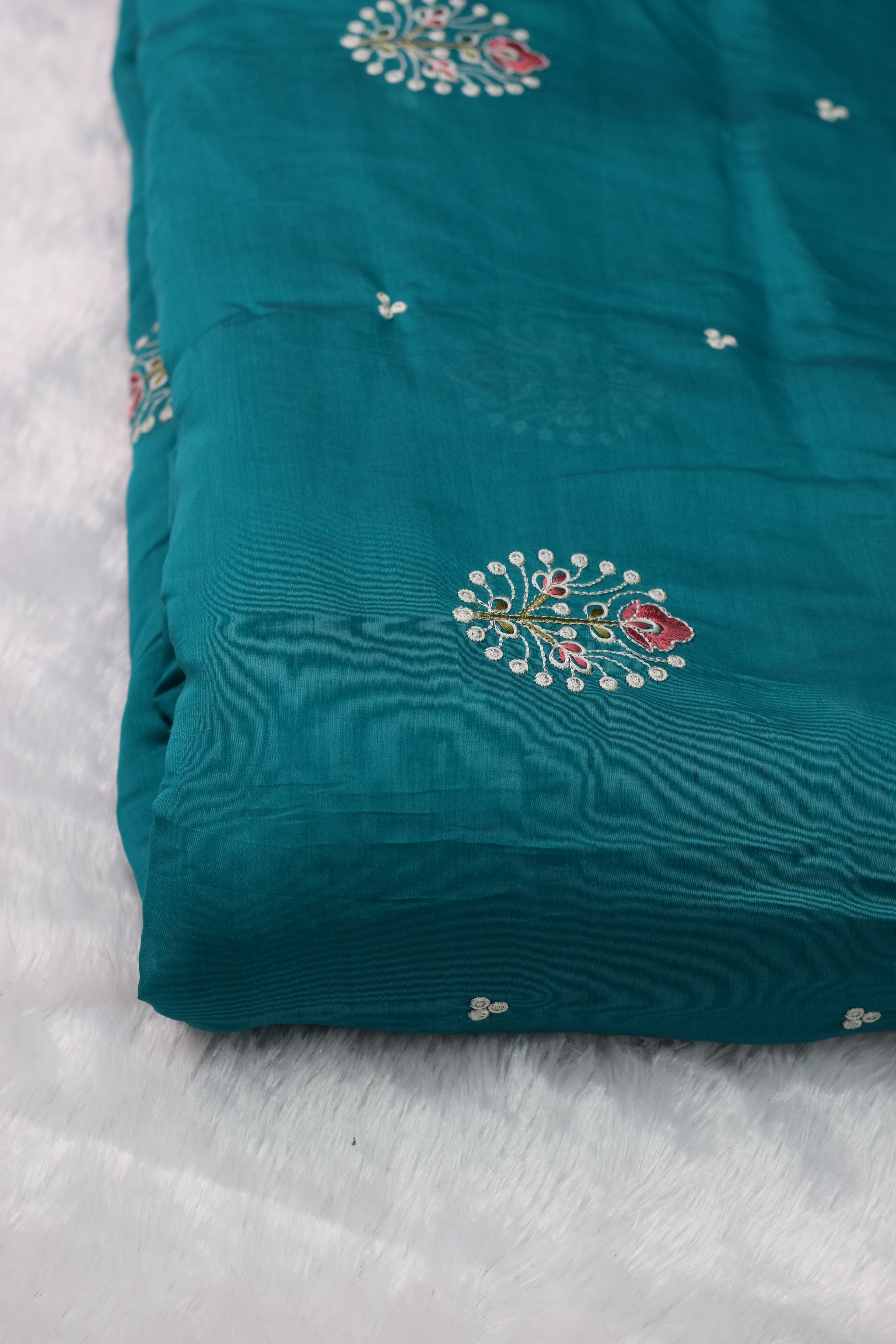 Teal Green Mul Chanderi Fabric with Elegant Floral Embroidery – 44 Inches Width