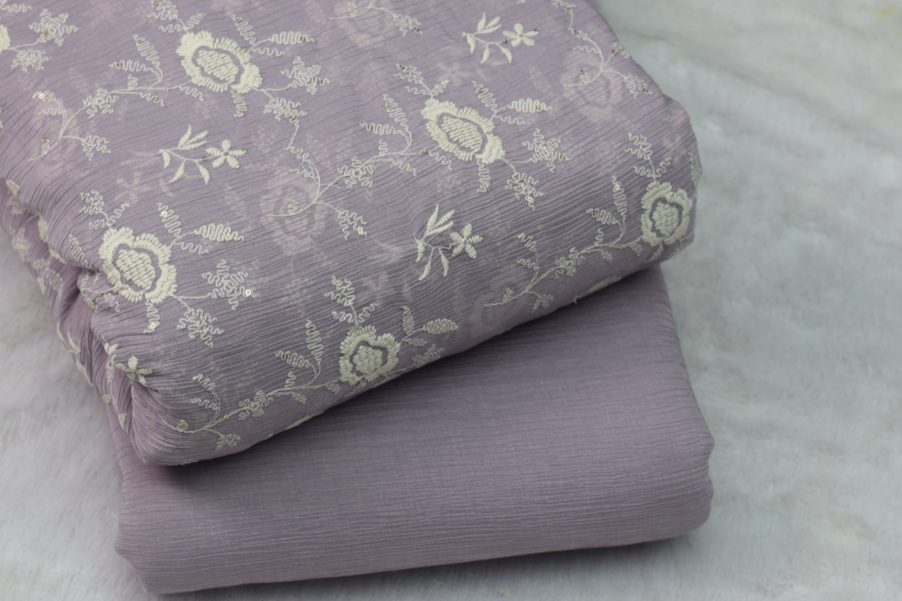 Elegant Lavender Crushed Georgette Fabric with Floral Embroidery – Soft Lightweight Dress - 44 Inches Width