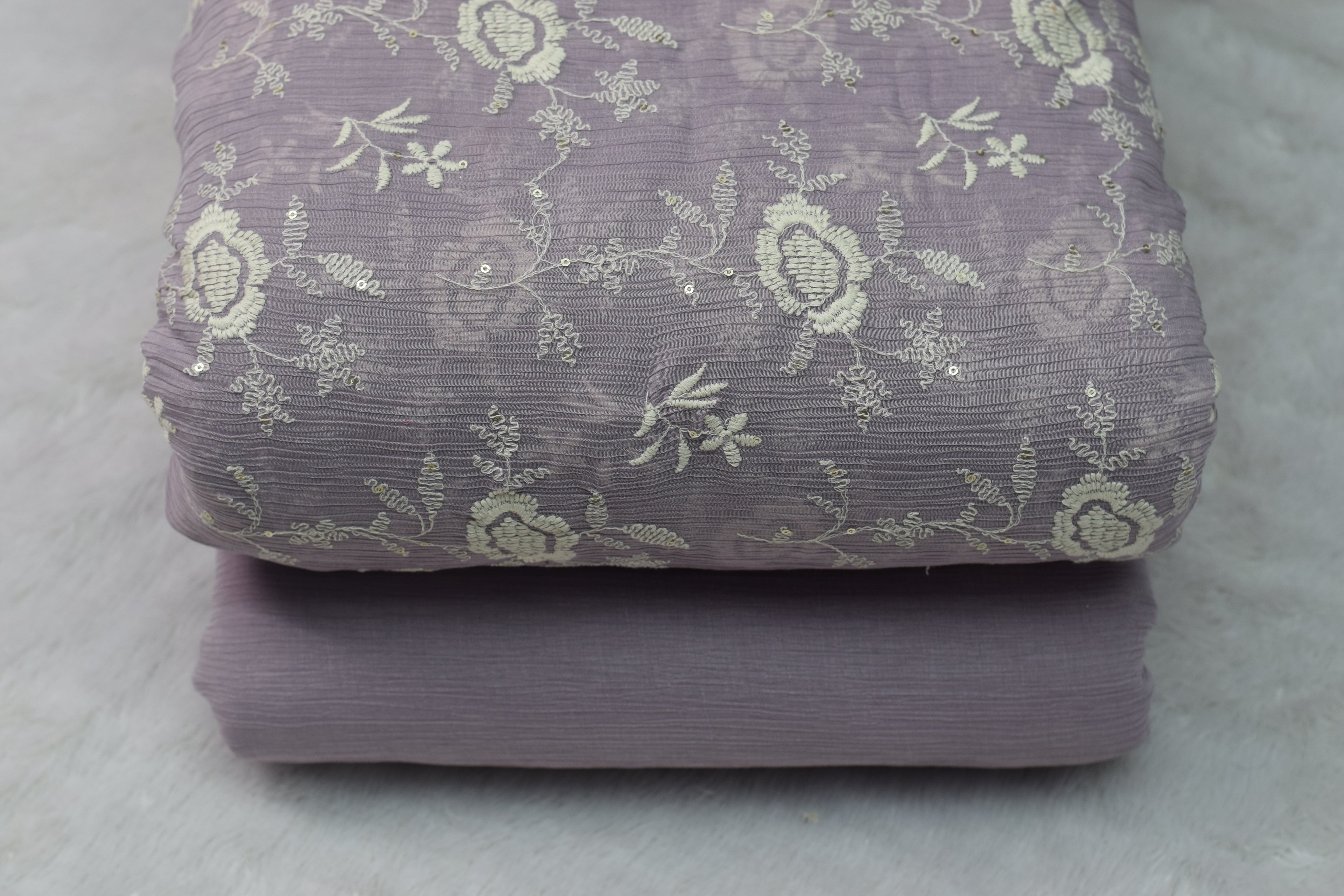 Elegant Lavender Crushed Georgette Fabric with Floral Embroidery – Soft Lightweight Dress - 44 Inches Width