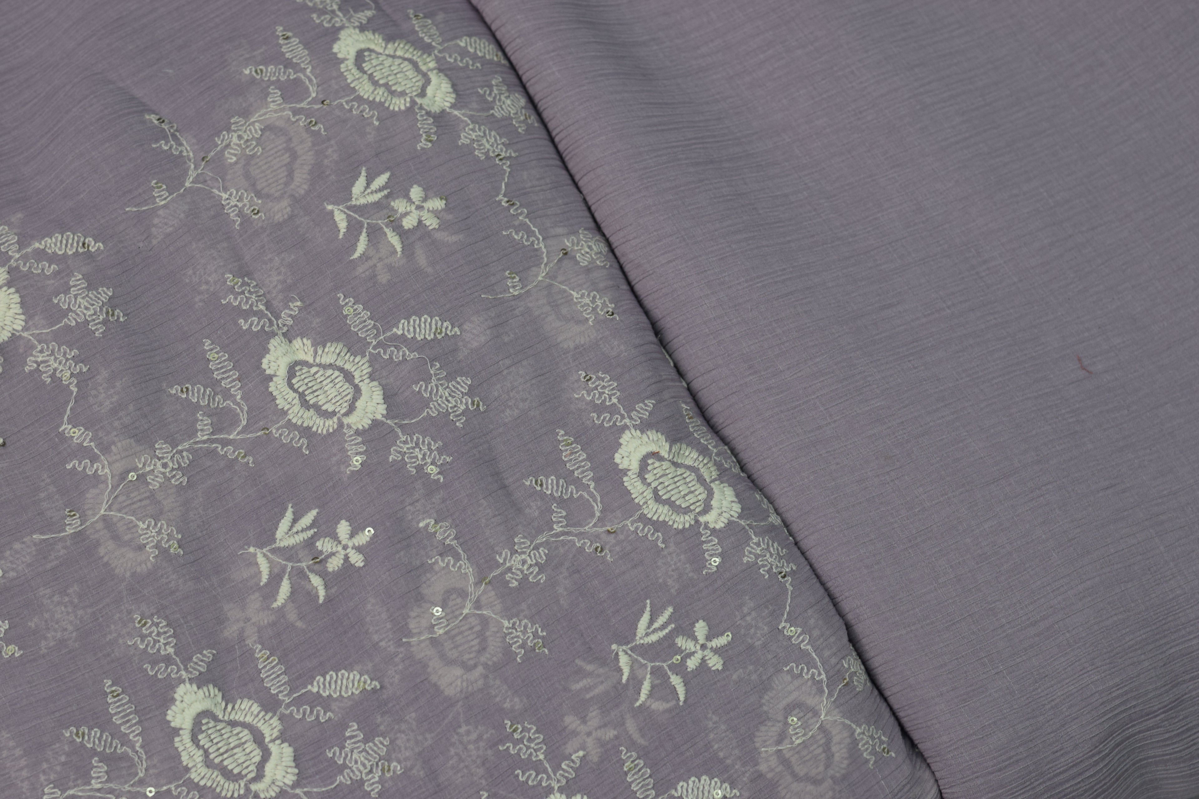 Elegant Lavender Crushed Georgette Fabric with Floral Embroidery – Soft Lightweight Dress - 44 Inches Width