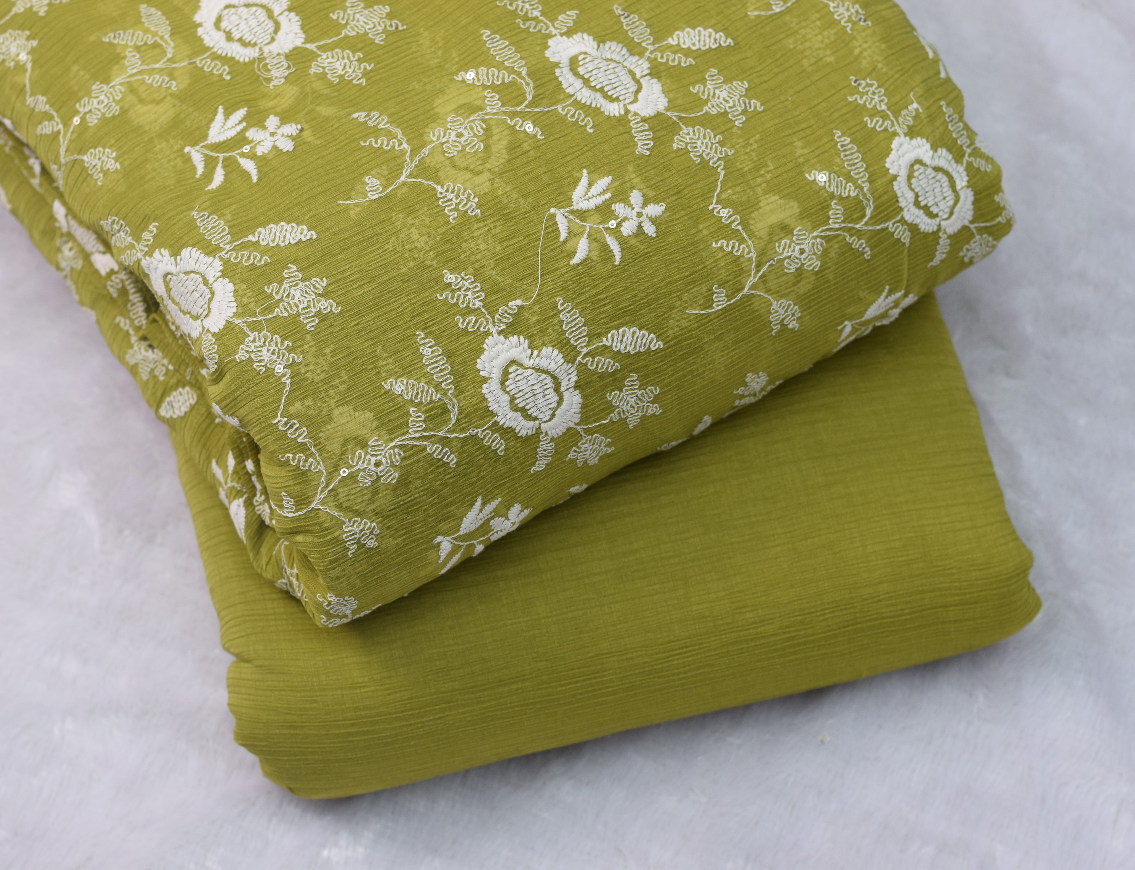 Olive Green Crushed Georgette Fabric with White Floral Embroidery- 44 Inches Width