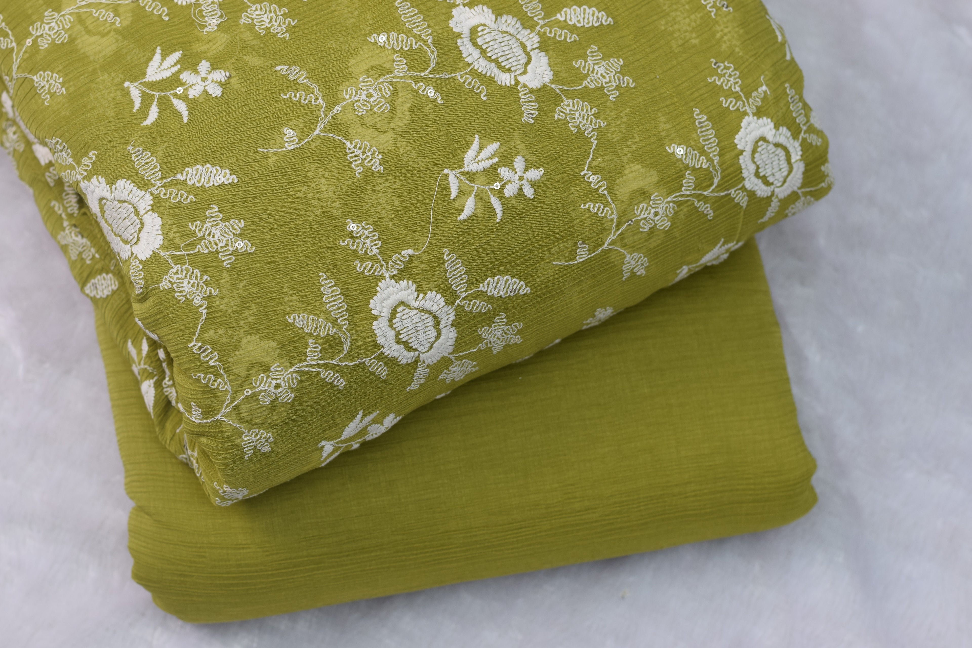Olive Green Crushed Georgette Fabric with White Floral Embroidery- 44 Inches Width