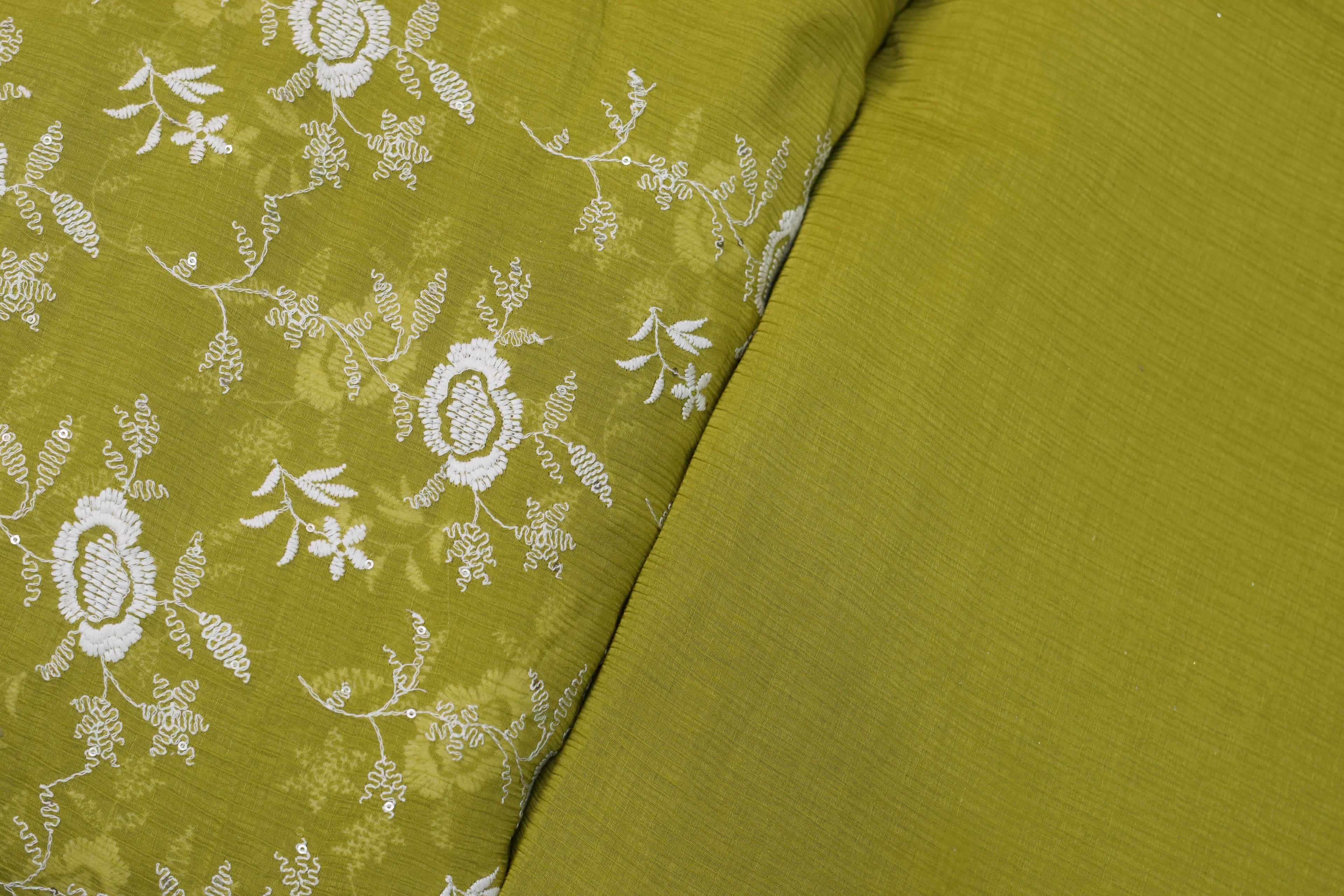 Olive Green Crushed Georgette Fabric with White Floral Embroidery- 44 Inches Width