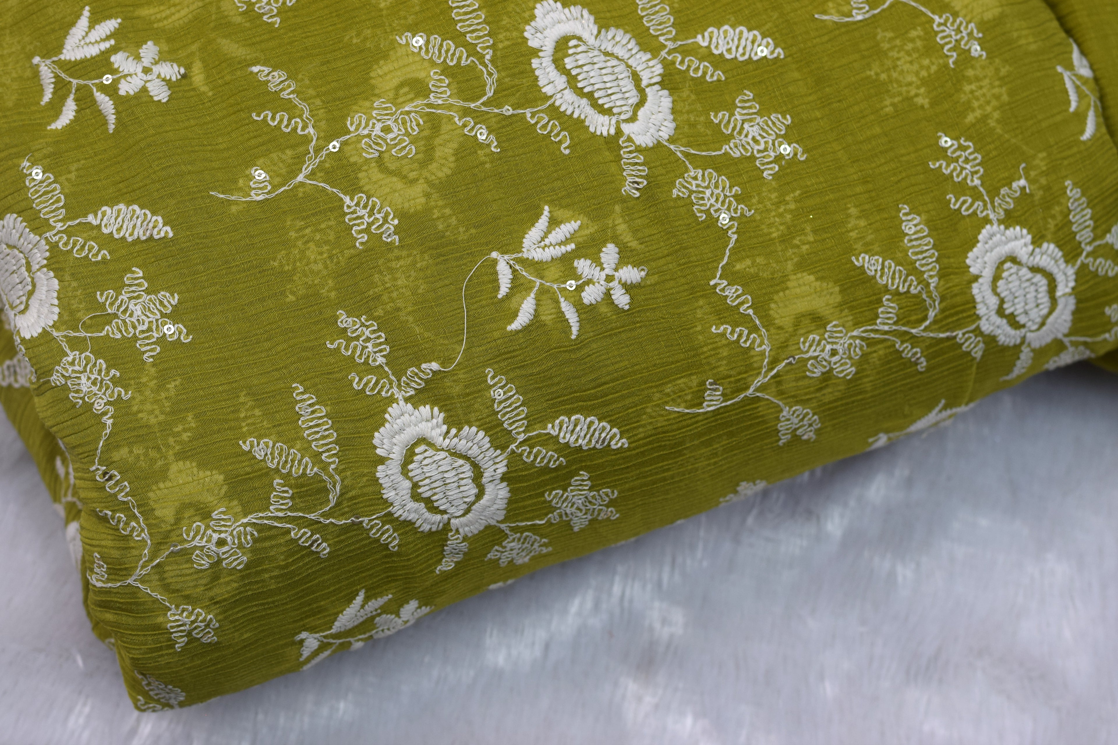 Olive Green Crushed Georgette Fabric with White Floral Embroidery- 44 Inches Width