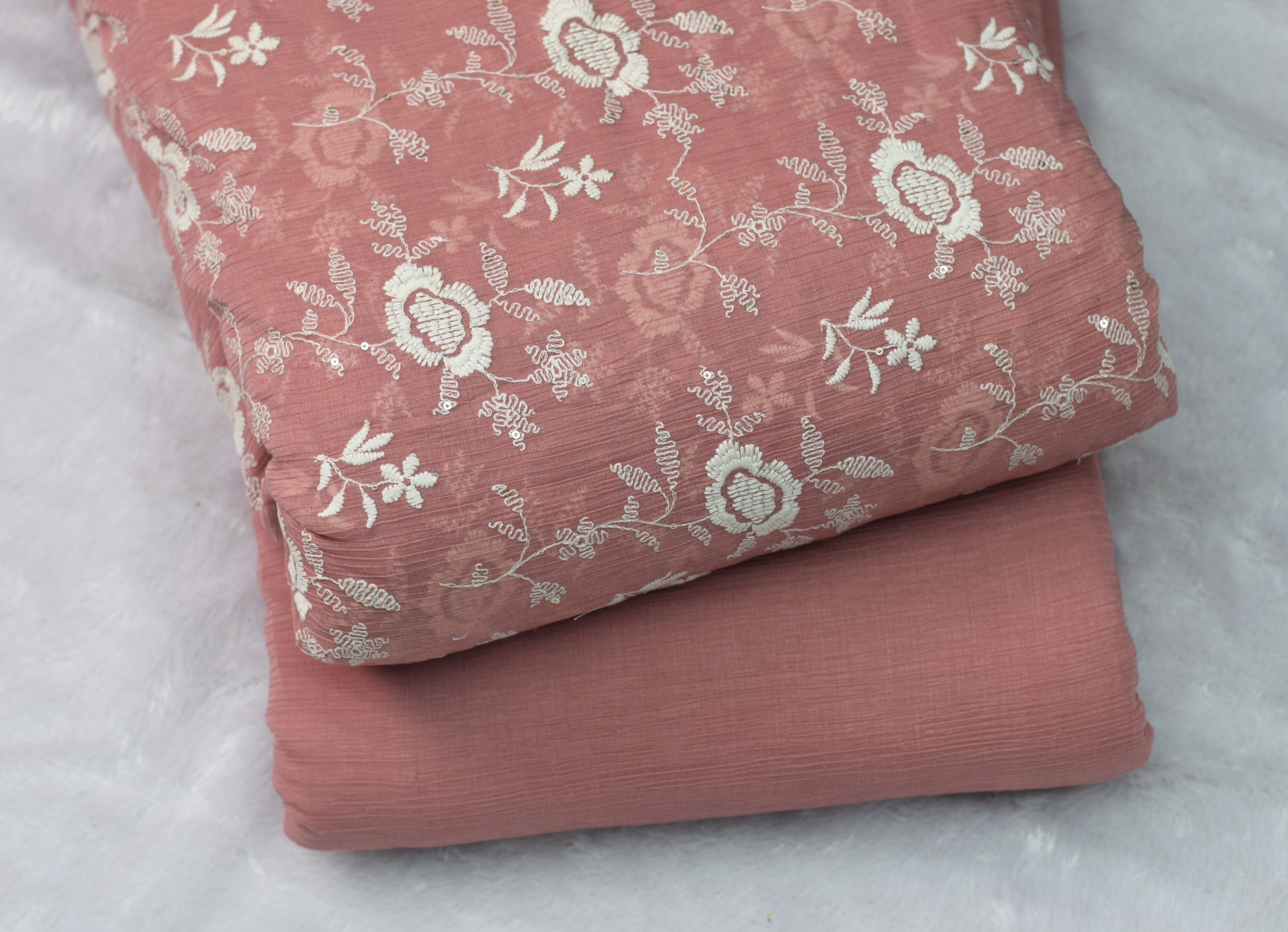 Peach Embroidered Crushed Georgette Fabric – 44 Inch Width | Floral Thread Work Dress Material