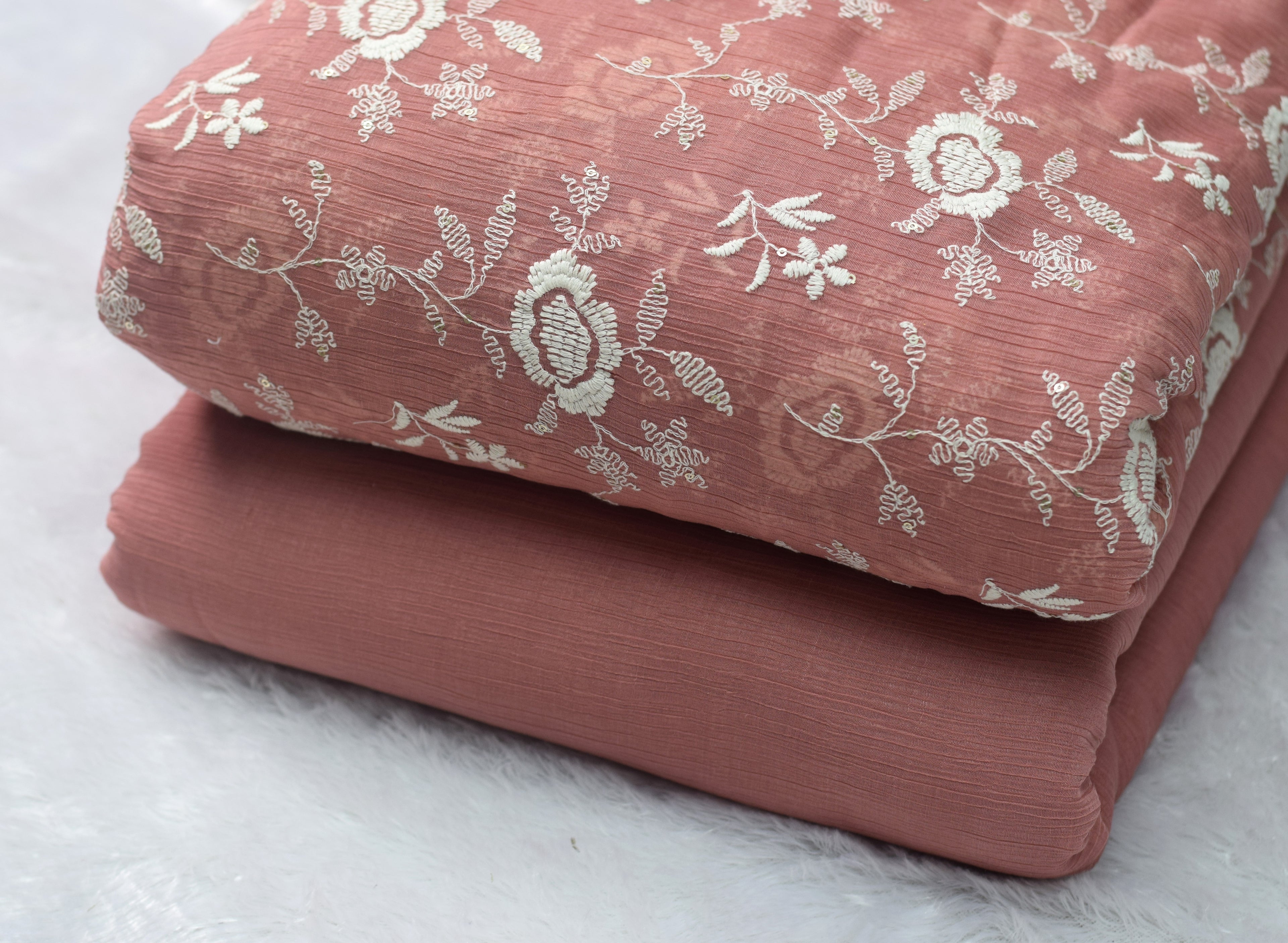 Peach Embroidered Crushed Georgette Fabric – 44 Inch Width | Floral Thread Work Dress Material