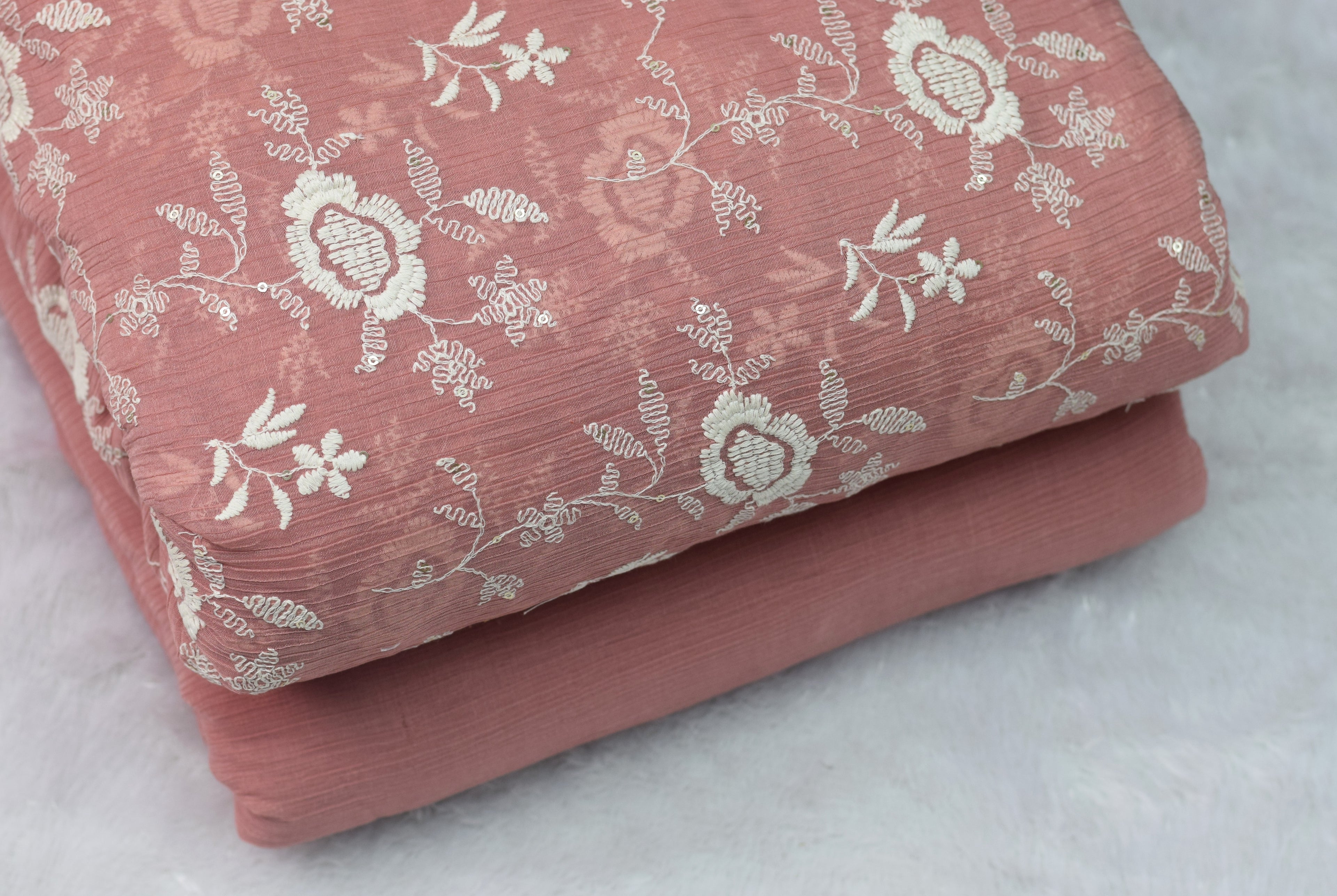 Peach Embroidered Crushed Georgette Fabric – 44 Inch Width | Floral Thread Work Dress Material