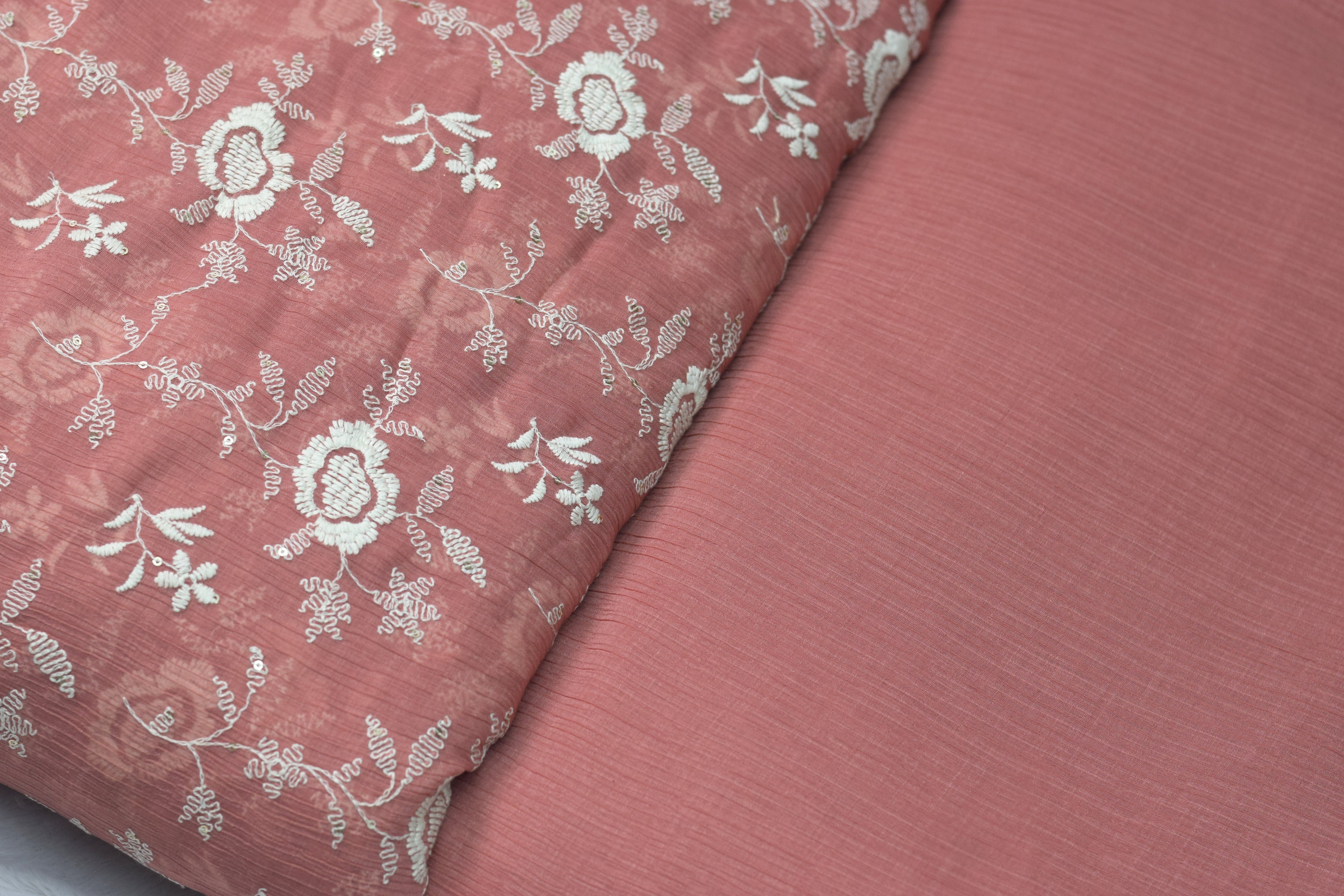 Peach Embroidered Crushed Georgette Fabric – 44 Inch Width | Floral Thread Work Dress Material