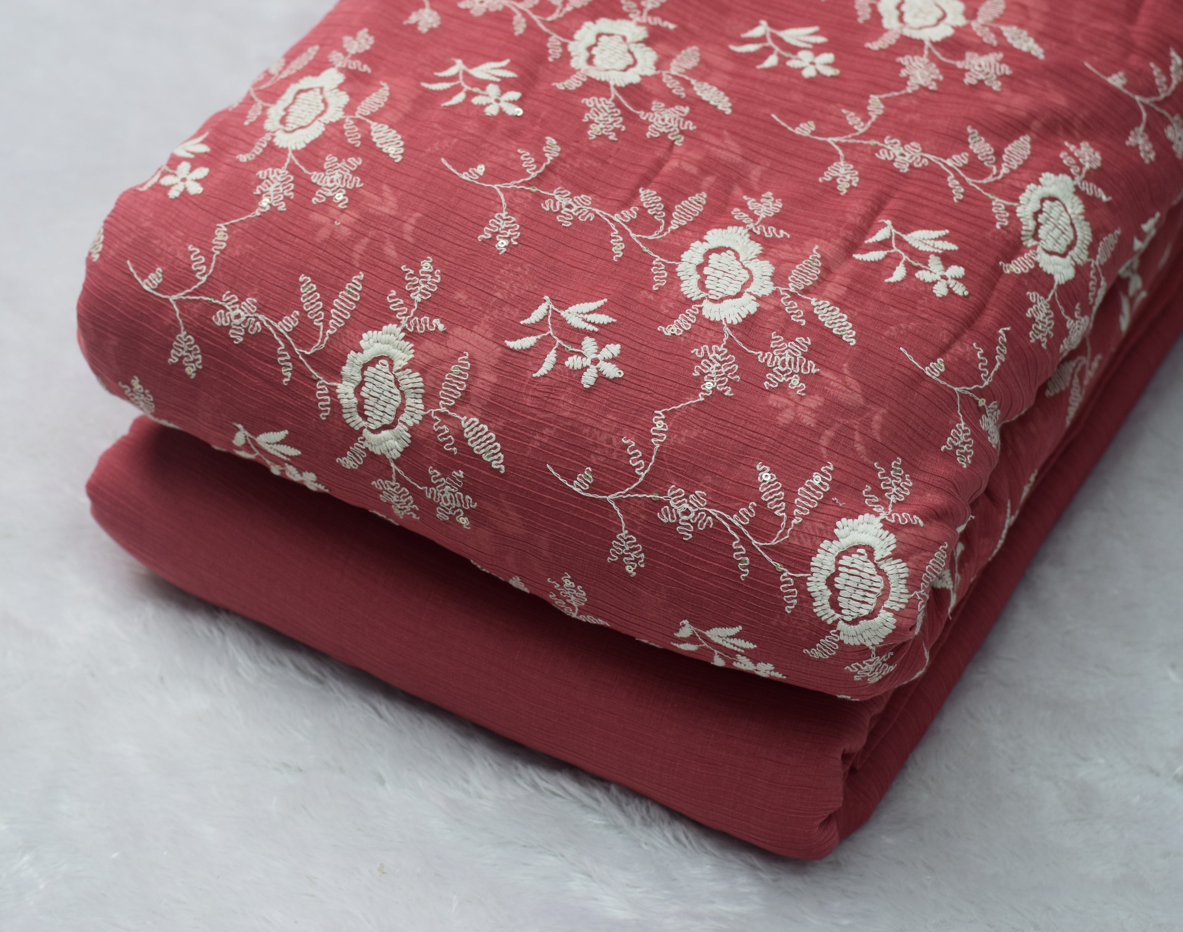 Coral Pink Floral Embroidered Crushed Georgette Fabric – 44 Inch Width