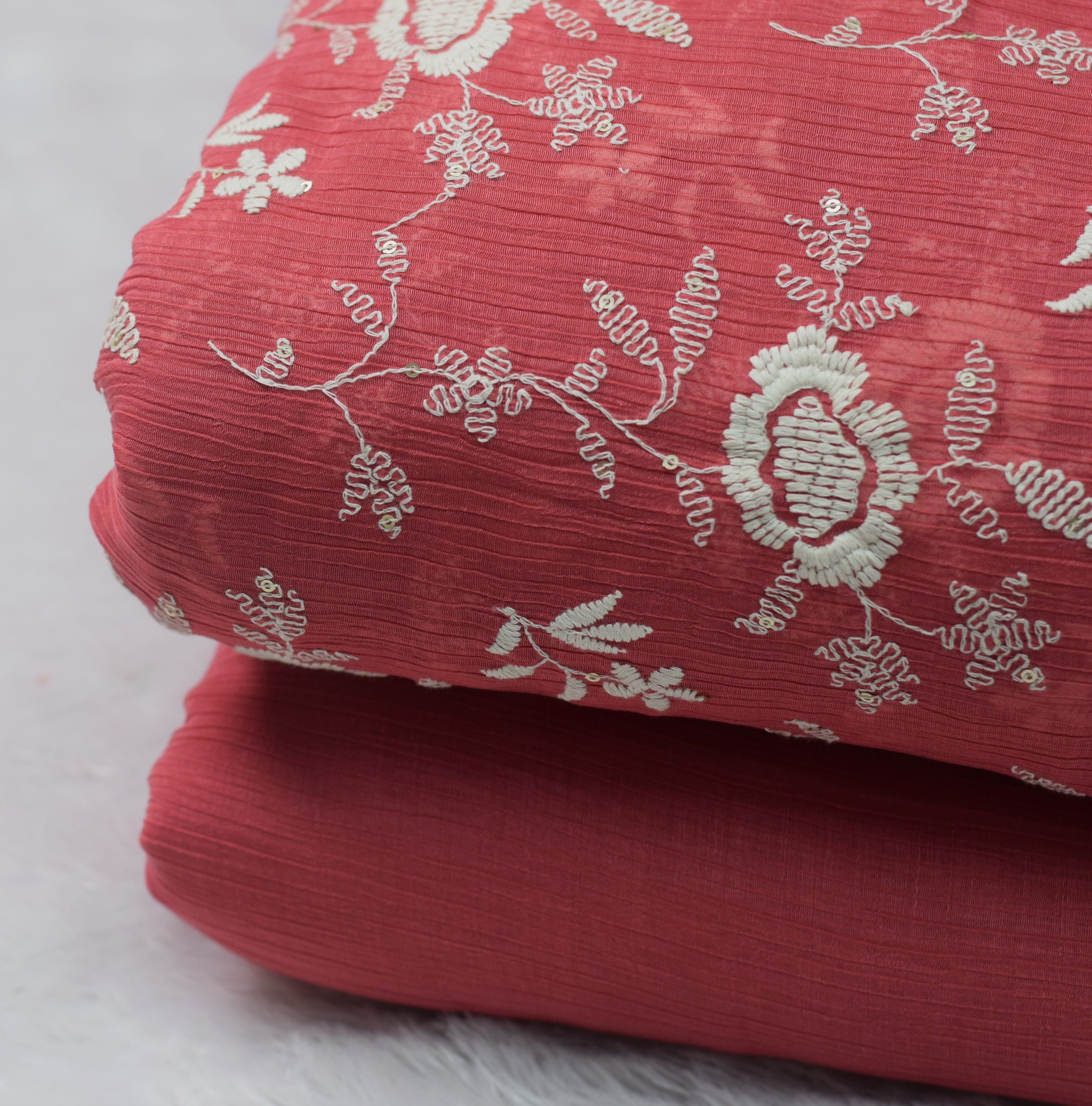 Coral Pink Floral Embroidered Crushed Georgette Fabric – 44 Inch Width