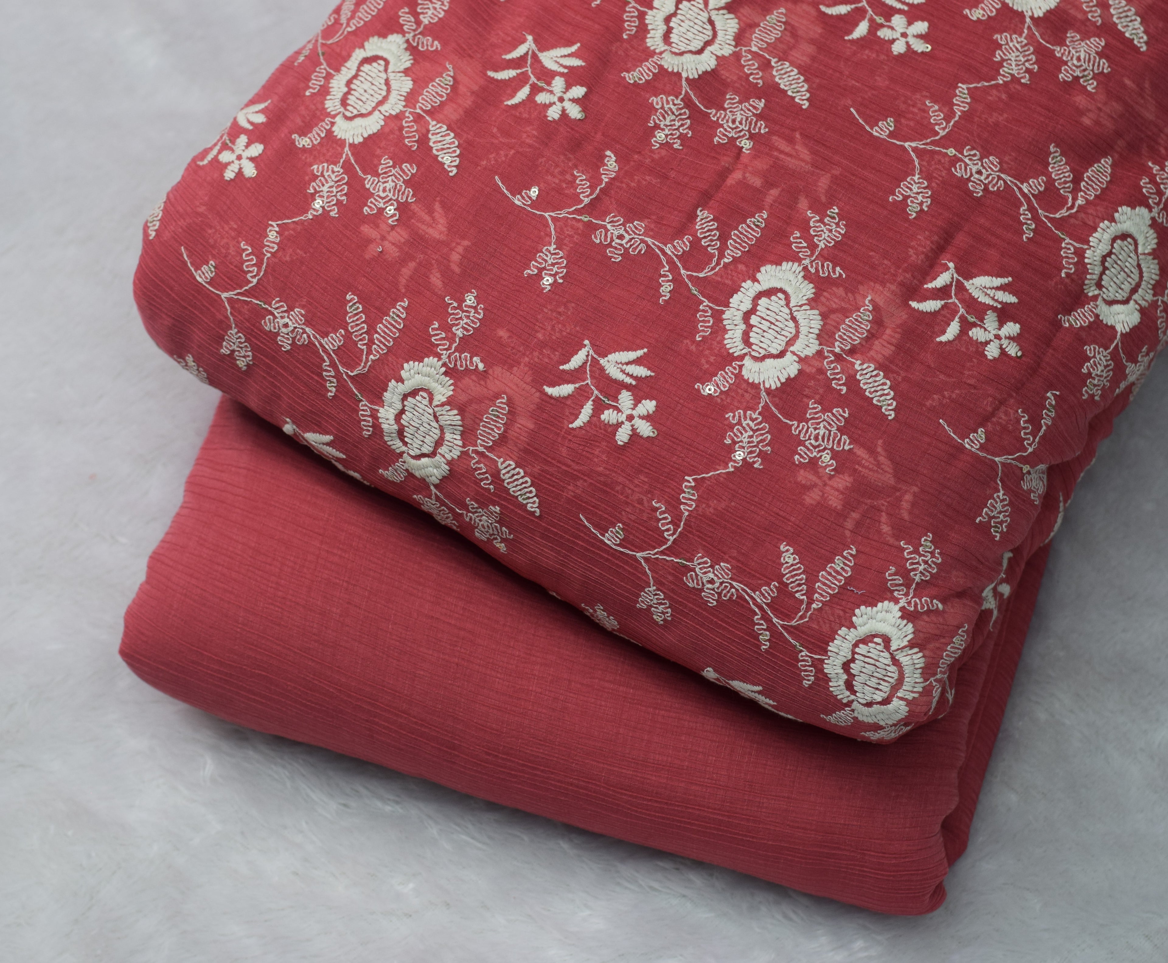 Coral Pink Floral Embroidered Crushed Georgette Fabric – 44 Inch Width