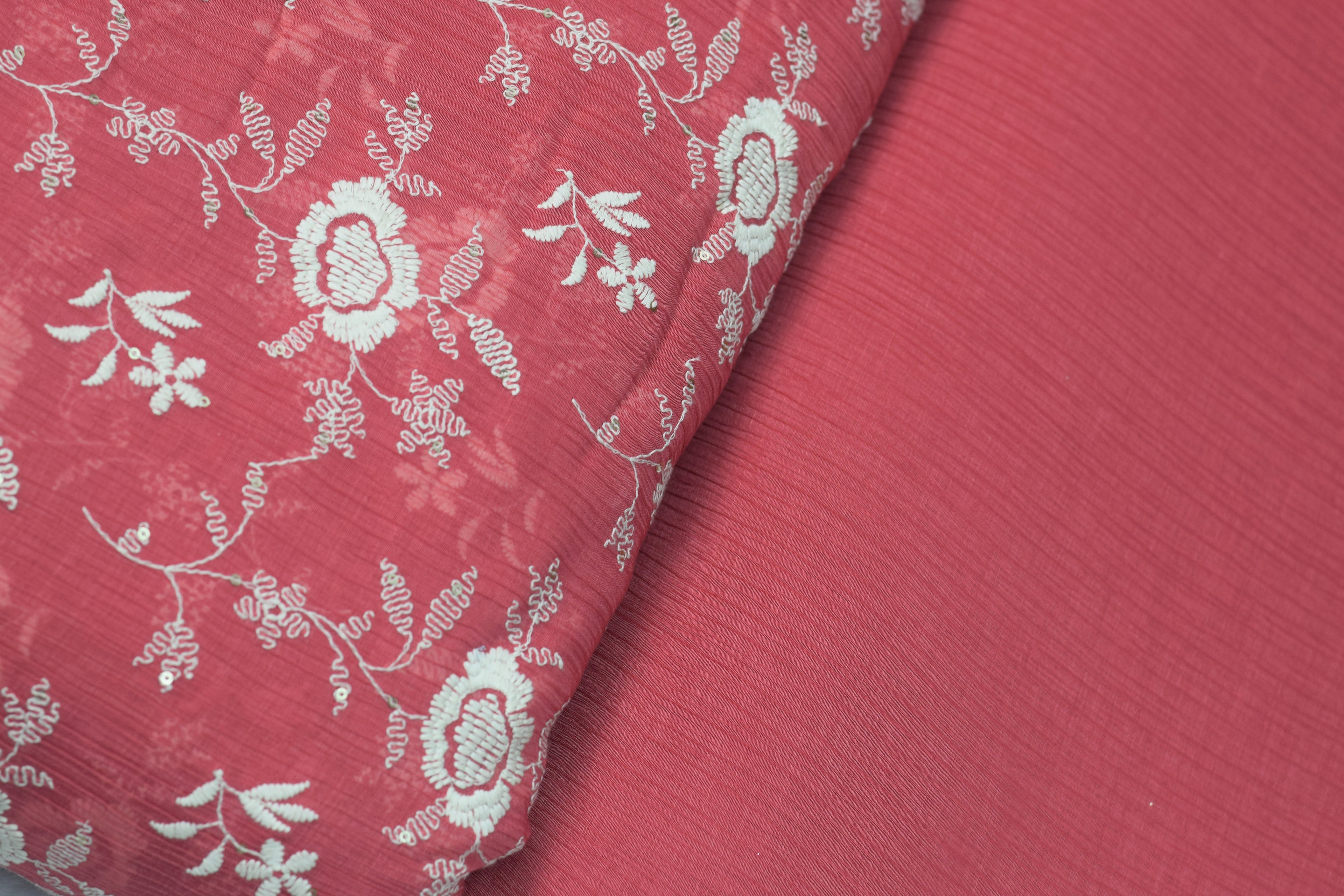 Coral Pink Floral Embroidered Crushed Georgette Fabric – 44 Inch Width