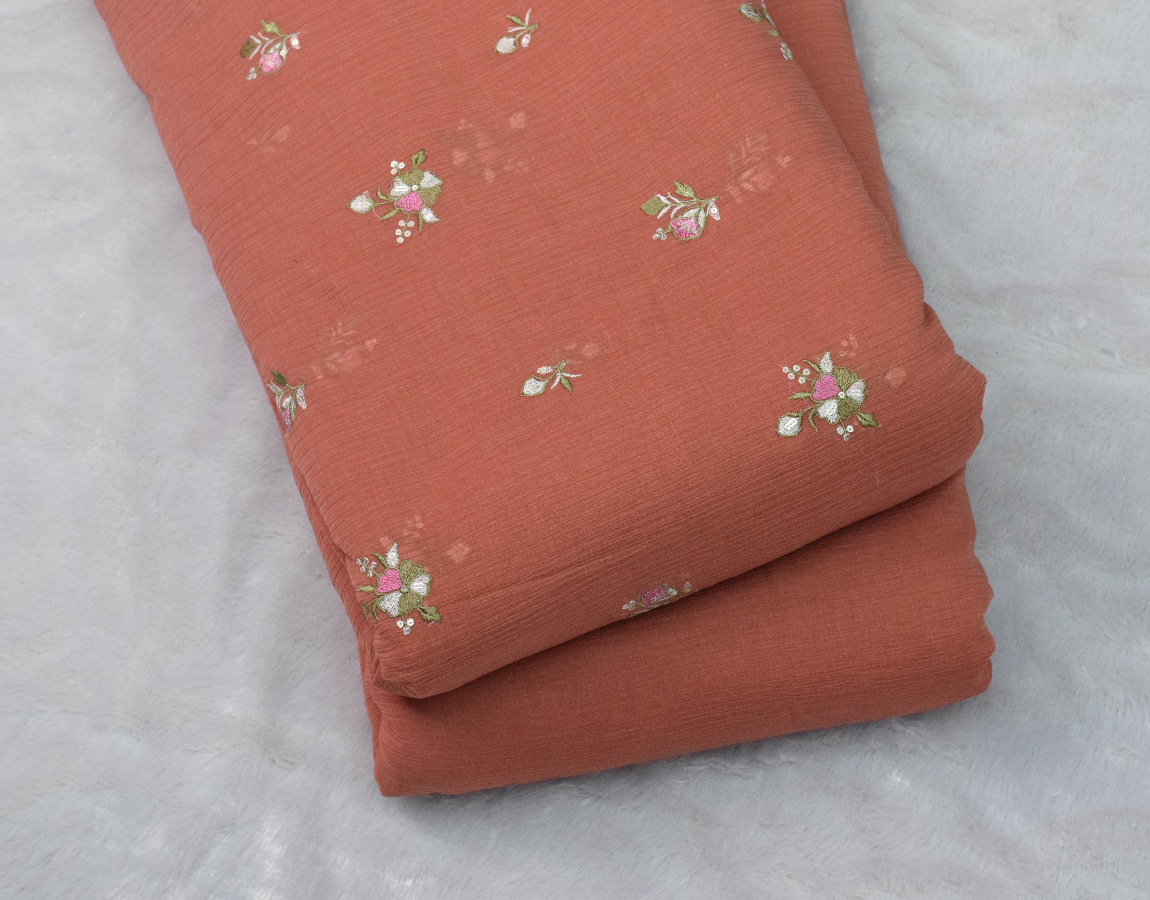 Peach Crushed Georgette Fabric with Floral Embroidery – 44 Inches Width