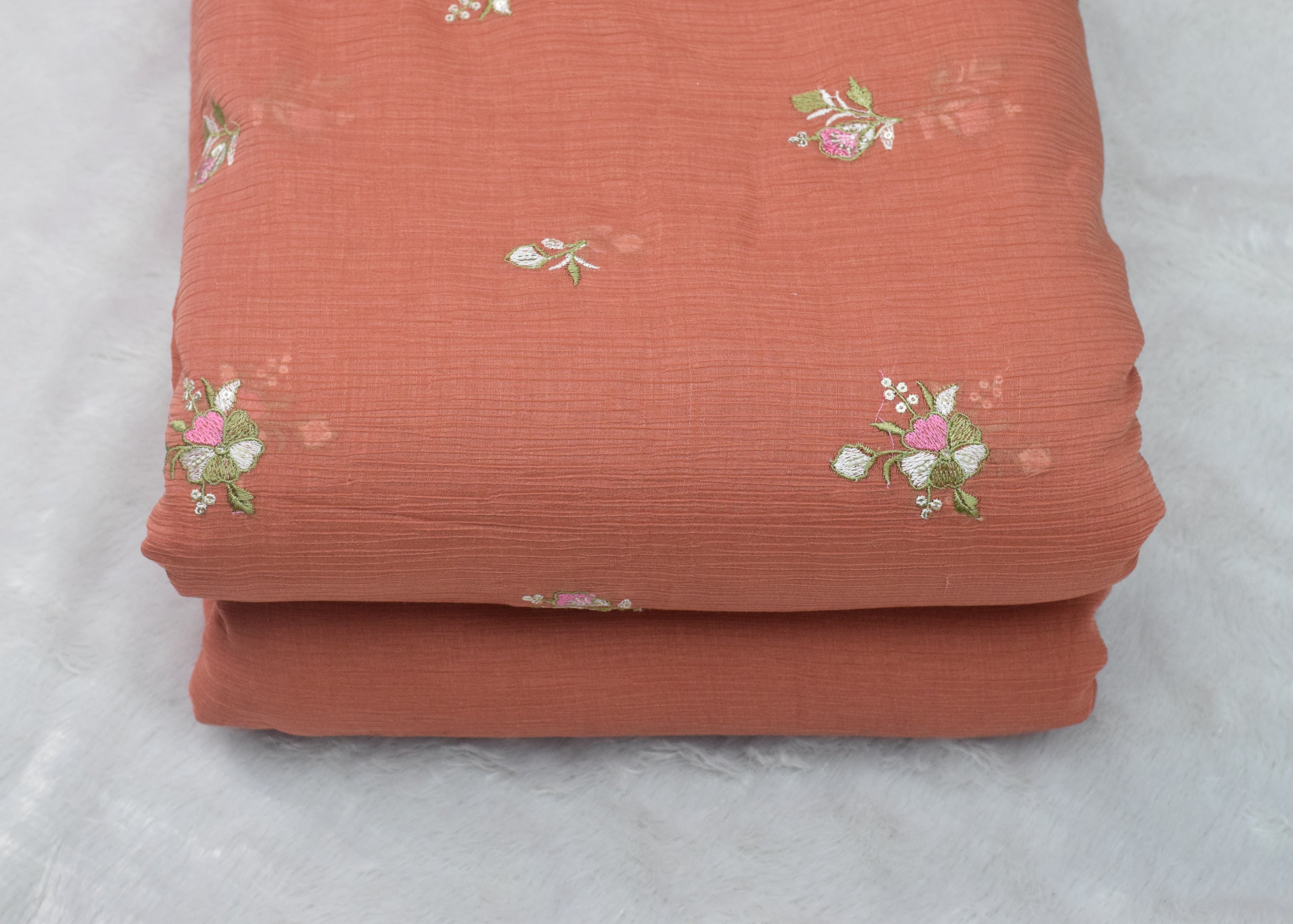 Peach Crushed Georgette Fabric with Floral Embroidery – 44 Inches Width